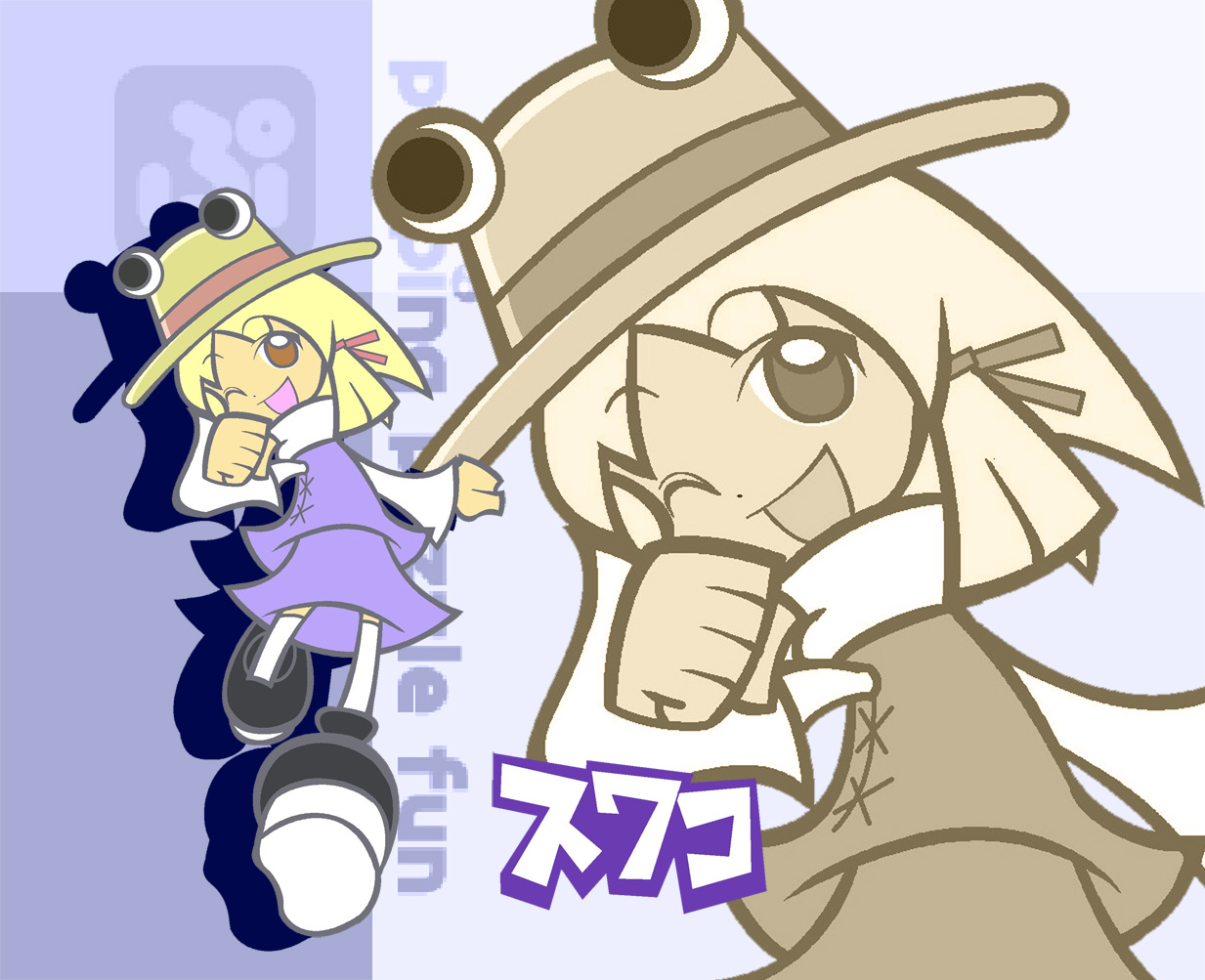dokuro (pixiv), ikasui (okakenn1224), moriya suwako, madou monogatari, puyopuyo, puyopuyo fever, touhou, 1girl, blonde hair, character name, chibi, female focus, hat, parody, solo, style parody, zoom layer