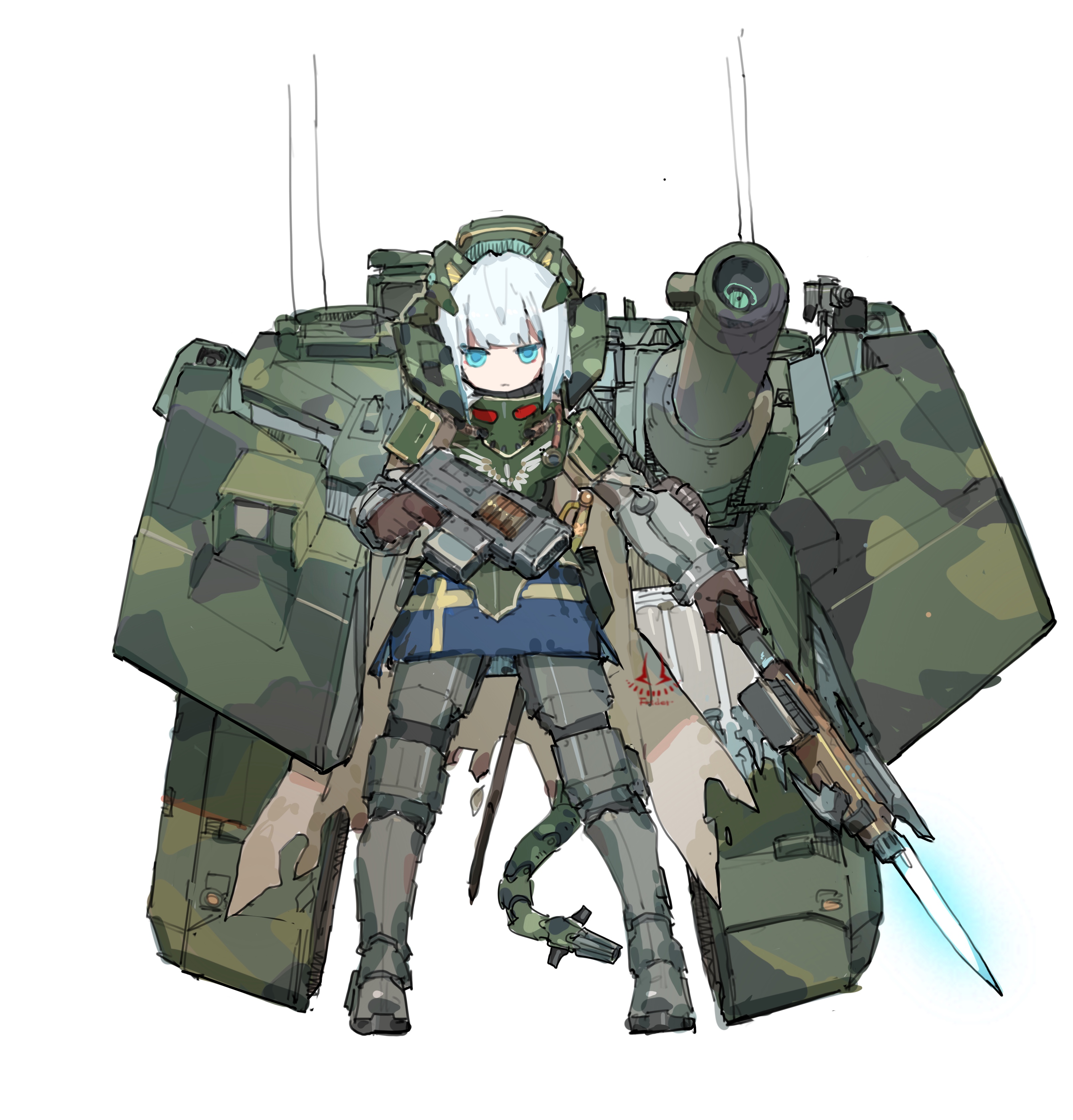 frider, original, war thunder, warhammer 40k, absurdres, highres, animal ears, armor, blue eyes, bolter, cannon, cape, energy sword, fake animal ears, mecha musume, mechanical tail, power armor, strv 122 (personification), swedish flag, sword, tail, torn cape, torn clothes, weapon, white hair