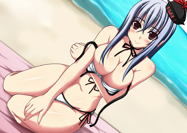 jema, kamishirasawa keine, touhou, breast hold, 1girl, beach, bikini, blue hair, blush, breasts, cleavage, dutch angle, female focus, hat, large breasts, navel, red eyes, side-tie bikini bottom, sitting, smile, solo, swimsuit, untied bikini, white bikini, wide hips