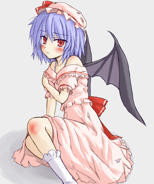 yurusuke, remilia scarlet, touhou, 1girl, bare shoulders, blush, female focus, hat, ribbon, skirt, solo, tears, vampire, wings