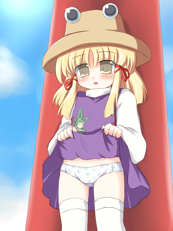 ry (yagoyago), moriya suwako, touhou, 1girl, blush, clothes lift, female focus, hat, panties, skirt, skirt lift, solo, thighhighs, underwear