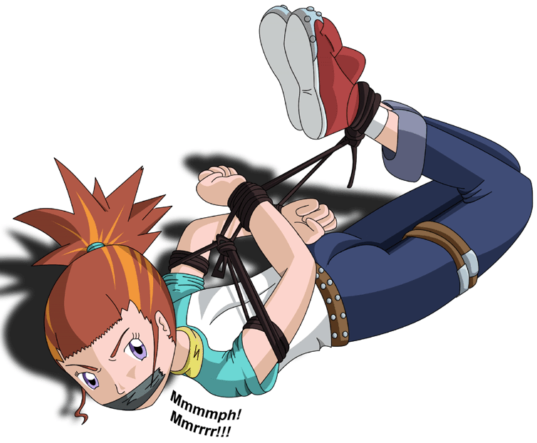 makino ruki, digimon, digimon tamers, 00s, 1girl, ass, bdsm, bondage, bound, female focus, gag, gagged, gradient background, improvised gag, solo, tape, tape gag