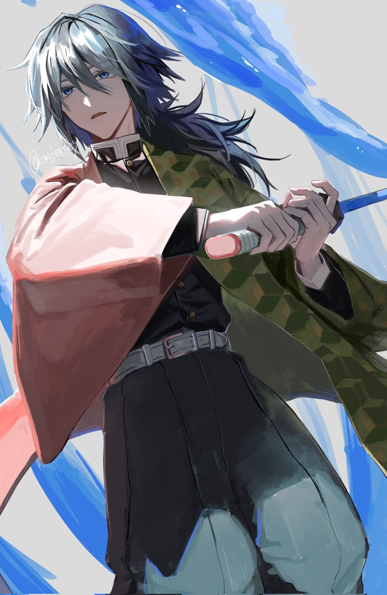 tomioka giyuu, kimetsu no yaiba, highres, 1boy, aojersey, belt, black hair, black jacket, black pants, blue eyes, buttons, demon slayer uniform, gold buttons, haori, holding, holding sword, holding weapon, jacket, japanese clothes, katana, kikkoumon, low ponytail, male focus, pants, ponytail, print haori, red haori, solo, spiked hair, sword, water, weapon, white belt