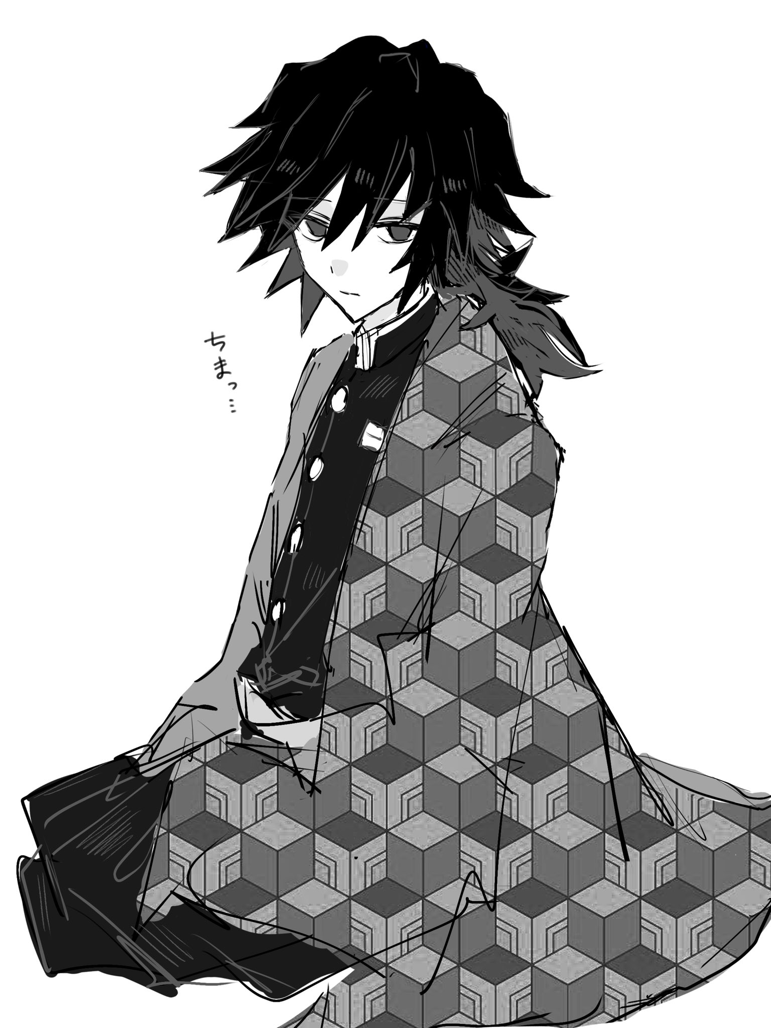 tomioka giyuu, kimetsu no yaiba, bad id, bad twitter id, highres, translation request, 1boy, black hair, black jacket, black pants, buttons, demon slayer uniform, empty eyes, greyscale, haori, jacket, japanese clothes, kikkoumon, looking at viewer, low ponytail, male focus, monochrome, pants, ponytail, print haori, qwzxl0, simple background, sitting, solo, spiked hair, white background
