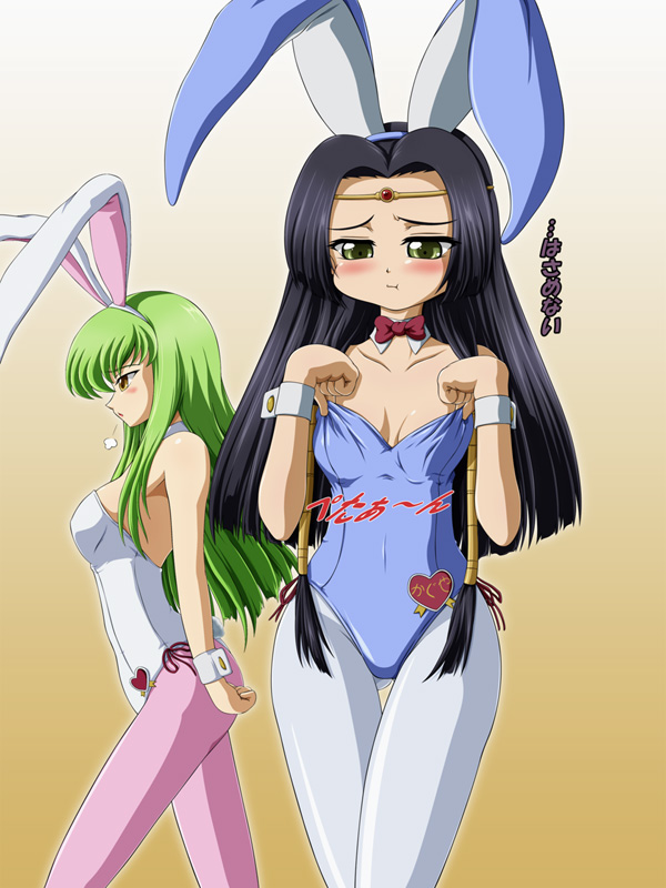 tanan, c.c., sumeragi kaguya, code geass, translated, 00s, animal ears, fake animal ears, pantyhose, playboy bunny, rabbit ears, thigh gap, thighs