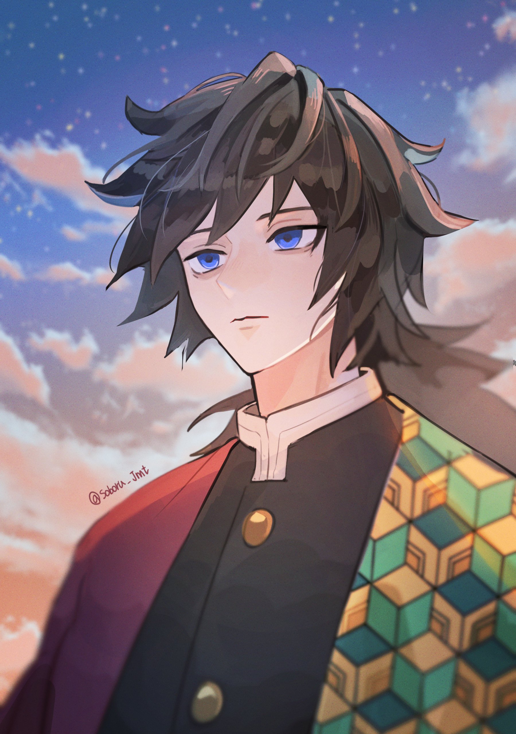 tomioka giyuu, kimetsu no yaiba, absurdres, highres, 1boy, black hair, black jacket, blue eyes, buttons, closed mouth, cloud, cloudy sky, demon slayer uniform, empty eyes, gold buttons, haori, jacket, japanese clothes, kikkoumon, low ponytail, male focus, outdoors, ponytail, print haori, red haori, sky, soboru jmt, solo, spiked hair, twitter username, upper body
