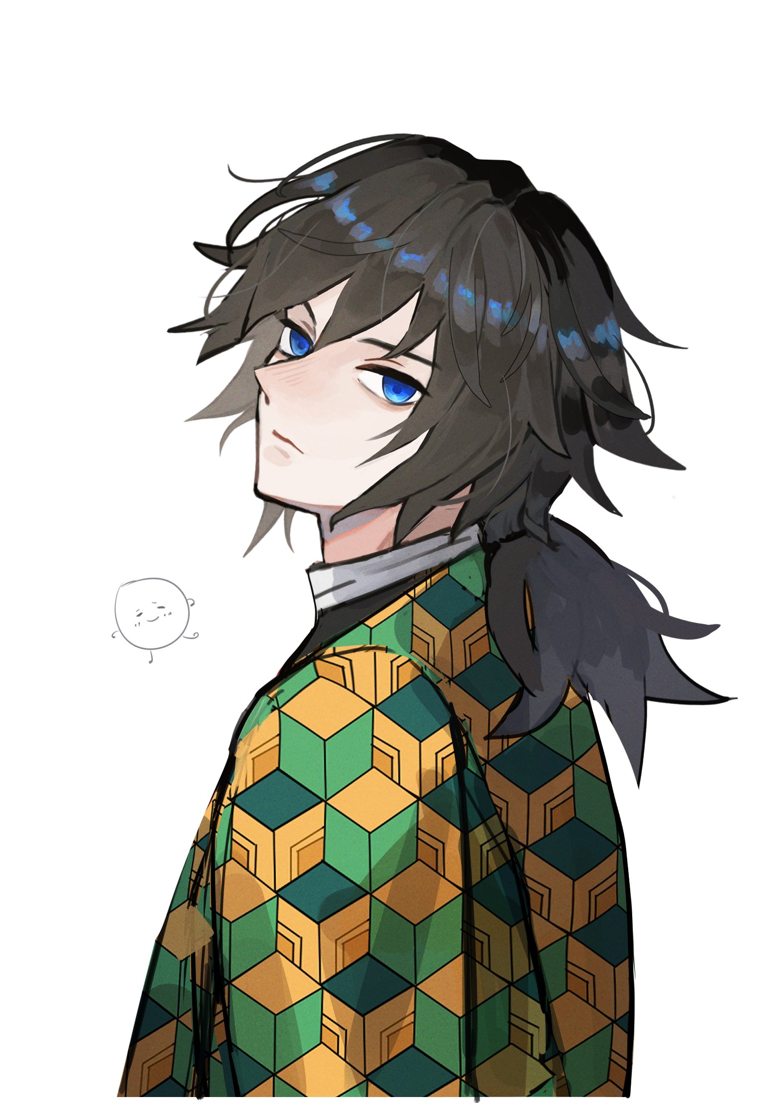 tomioka giyuu, kimetsu no yaiba, highres, 1boy, black hair, black jacket, blue eyes, buttons, closed mouth, demon slayer uniform, gold buttons, haori, jacket, japanese clothes, kikkoumon, looking at viewer, low ponytail, male focus, ponytail, print haori, simple background, soboru jmt, solo, spiked hair, white background