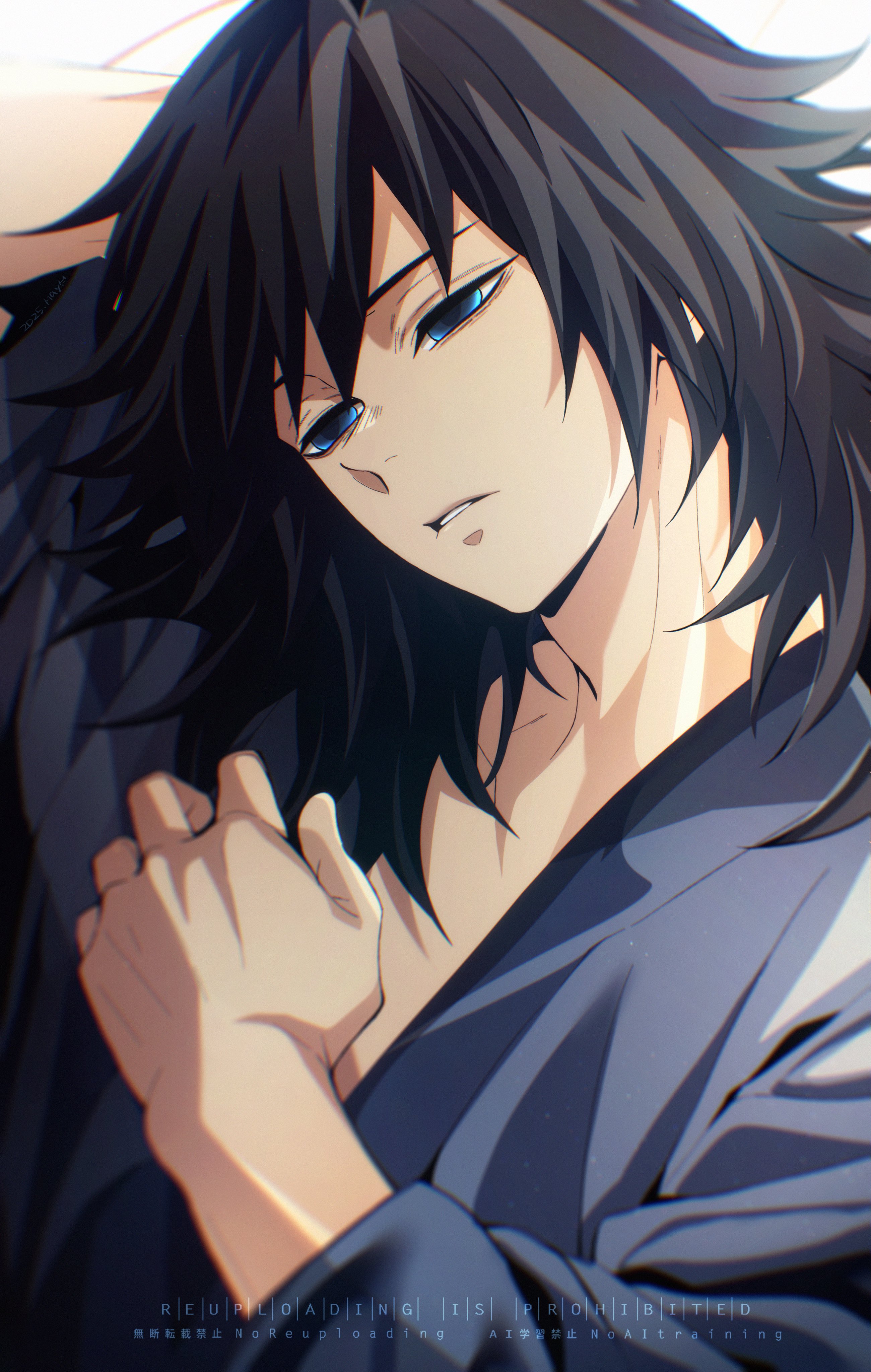 may (illust man 2020), tomioka giyuu, kimetsu no yaiba, absurdres, highres, 1boy, alternate costume, arm behind head, black hair, blue kimono, collarbone, english text, hair between eyes, half-closed eyes, hand up, japanese clothes, kimono, lying, male focus, parted lips, solo, upper body, watermark