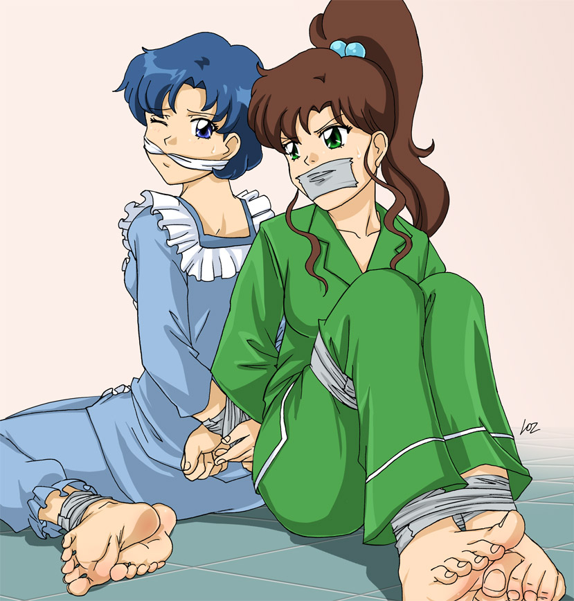 lost one zero, kino makoto, mizuno ami, bishoujo senshi sailor moon, 2girls, arms behind back, barefoot, bdsm, bondage, bound, bound ankles, bound wrists, cleave gag, cloth gag, female focus, gag, gagged, improvised gag, multiple girls, pajamas, soles, tape, tape bondage, tape gag