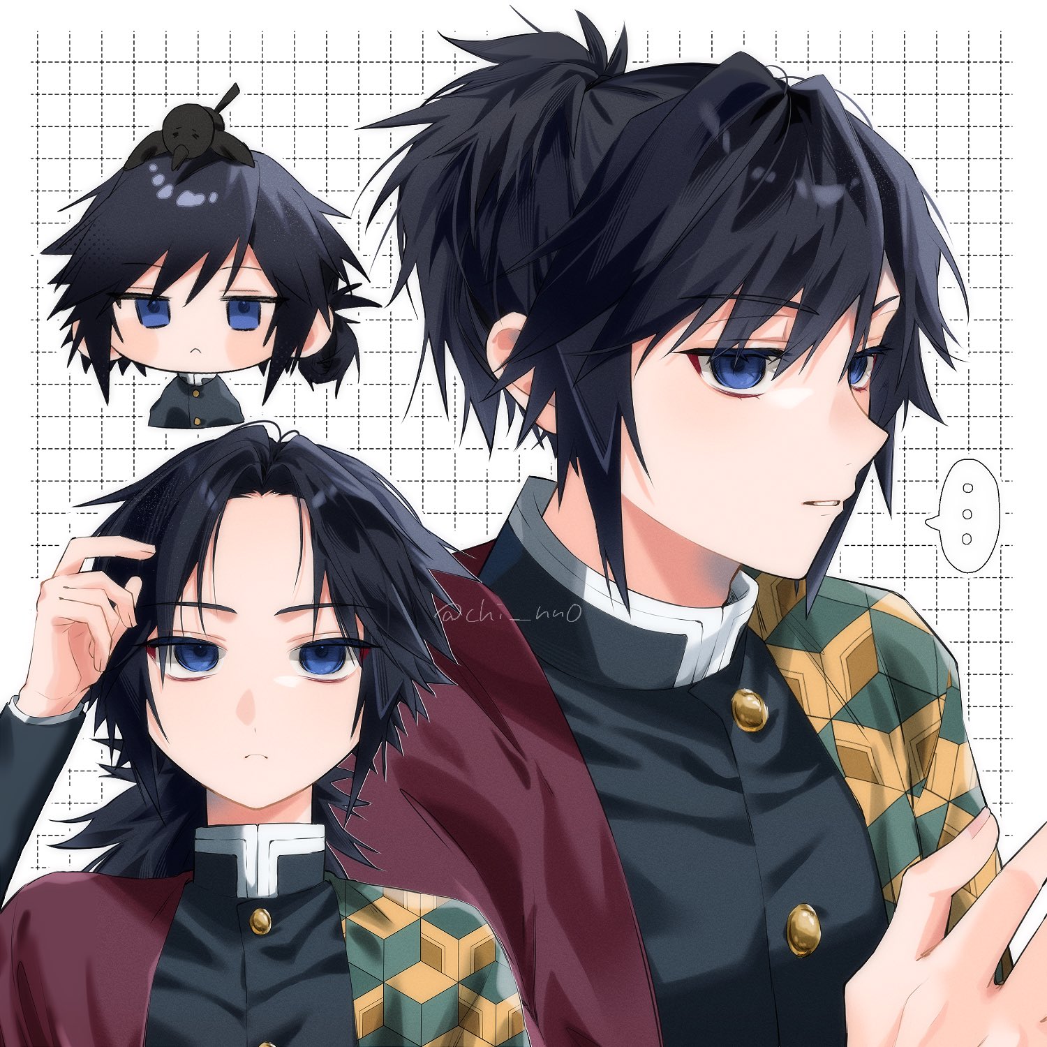 tomioka giyuu, kimetsu no yaiba, highres, …, 1boy, alternate hairstyle, black hair, black jacket, blue eyes, buttons, chi nn0, chibi, closed mouth, demon slayer uniform, forehead, gold buttons, hand up, haori, jacket, japanese clothes, kikkoumon, looking at viewer, low ponytail, male focus, multiple views, ponytail, print haori, red haori, solo, spiked hair, spoken ellipsis, upper body, white background