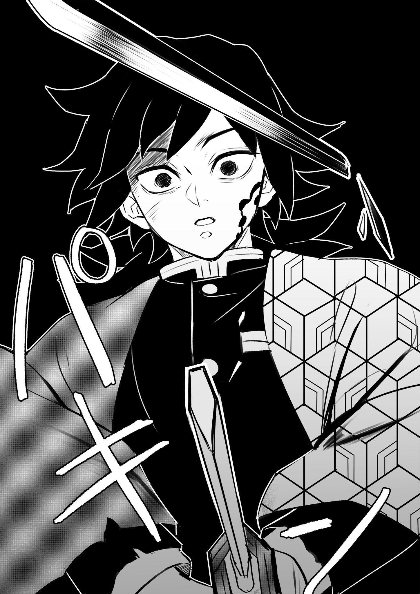 tomioka giyuu, kimetsu no yaiba, highres, 1boy, black background, black hair, black jacket, broken, broken sword, broken weapon, buttons, demon slayer uniform, greyscale, haori, holding, holding sword, holding weapon, jacket, japanese clothes, katana, kikkoumon, looking at viewer, low ponytail, male focus, monochrome, parted lips, ponytail, print haori, simple background, solo, spiked hair, sword, teeth, weapon, yanae1573 2