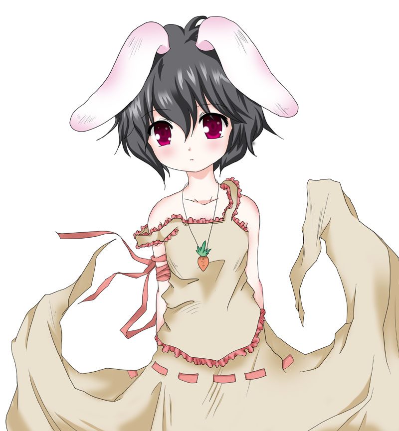 usa ooyake, usakou, inaba tewi, touhou, 1girl, animal ears, arm ribbon, arms behind back, black hair, blush, dress, female focus, jewelry, necklace, off shoulder, rabbit ears, red eyes, ribbon, short hair, simple background, solo