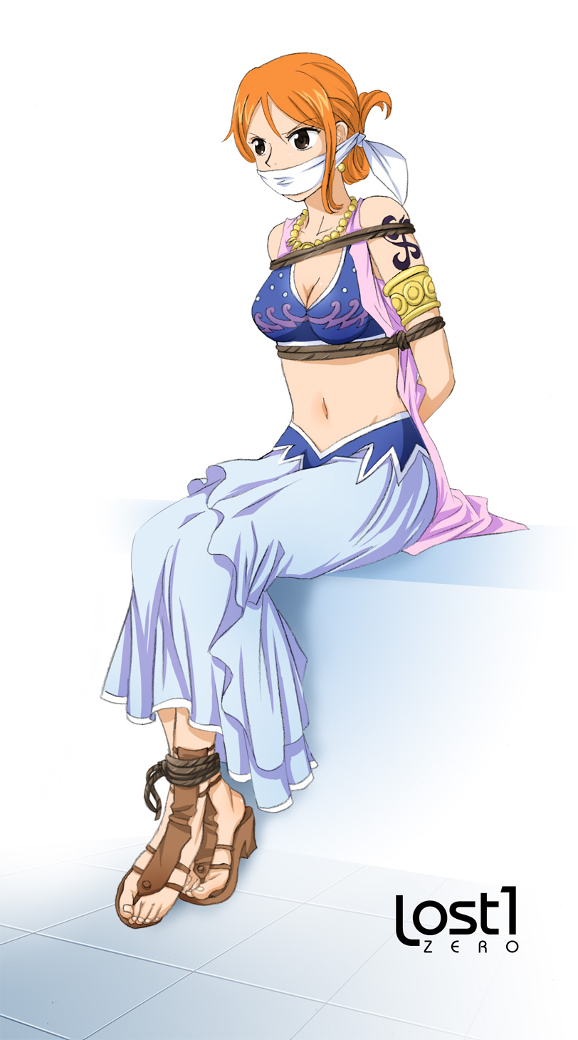 lost1zero, one piece, nami, highres, arabian clothes, bdsm, bondage, breasts, cleavage, feet, gag, midriff, orange hair, red hair, sandals, short hair, sitting, tattoo