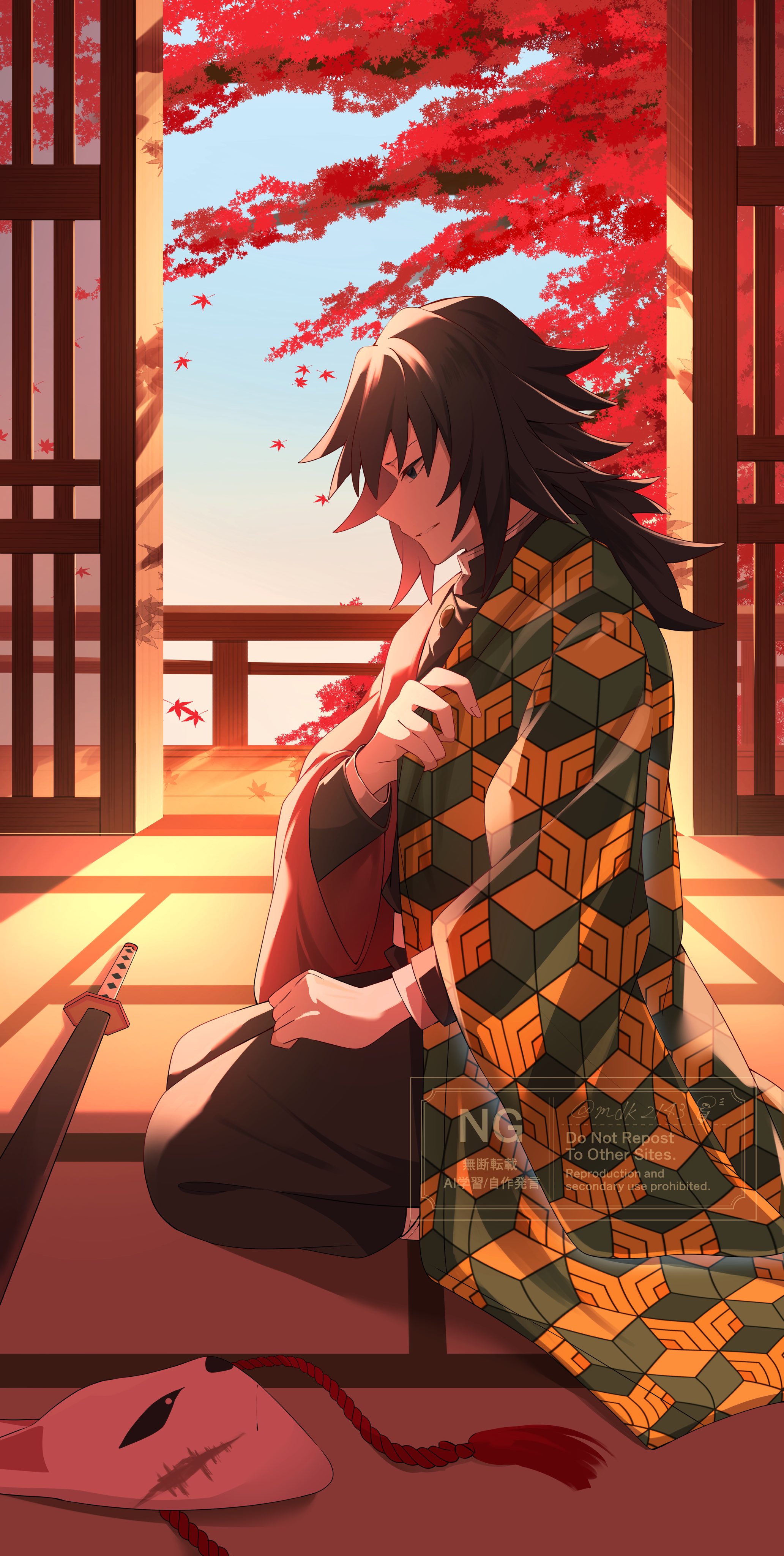 tomioka giyuu, kimetsu no yaiba, absurdres, highres, 1boy, black hair, black jacket, black pants, blue eyes, buttons, demon slayer uniform, english text, fox mask, gold buttons, haori, jacket, japanese clothes, katana, kikkoumon, low ponytail, male focus, mask, mdk2143, pants, ponytail, print haori, profile, red haori, sitting, solo, spiked hair, sword, teeth, watermark, weapon