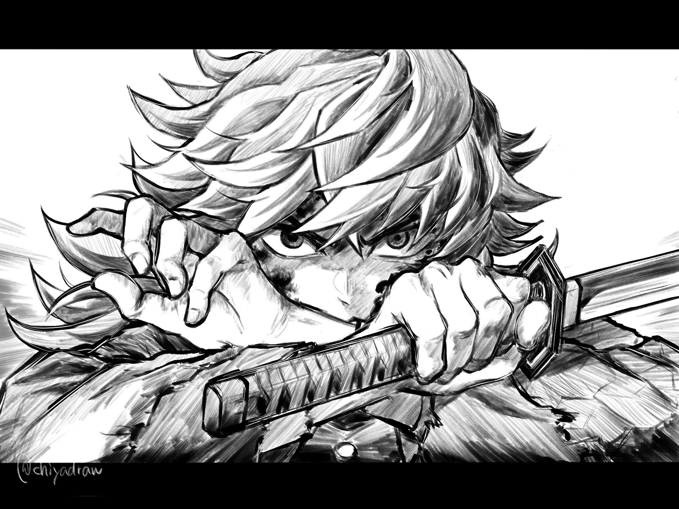 tomioka giyuu, kimetsu no yaiba, highres, 1boy, black hair, black jacket, blood, blood on face, buttons, chiyadraw, demon slayer uniform, greyscale, hands up, haori, holding, holding sword, holding weapon, jacket, japanese clothes, katana, kikkoumon, letterboxed, looking at viewer, low ponytail, male focus, monochrome, ponytail, print haori, solo, spiked hair, sword, torn clothes, twitter username, upper body, weapon, white background