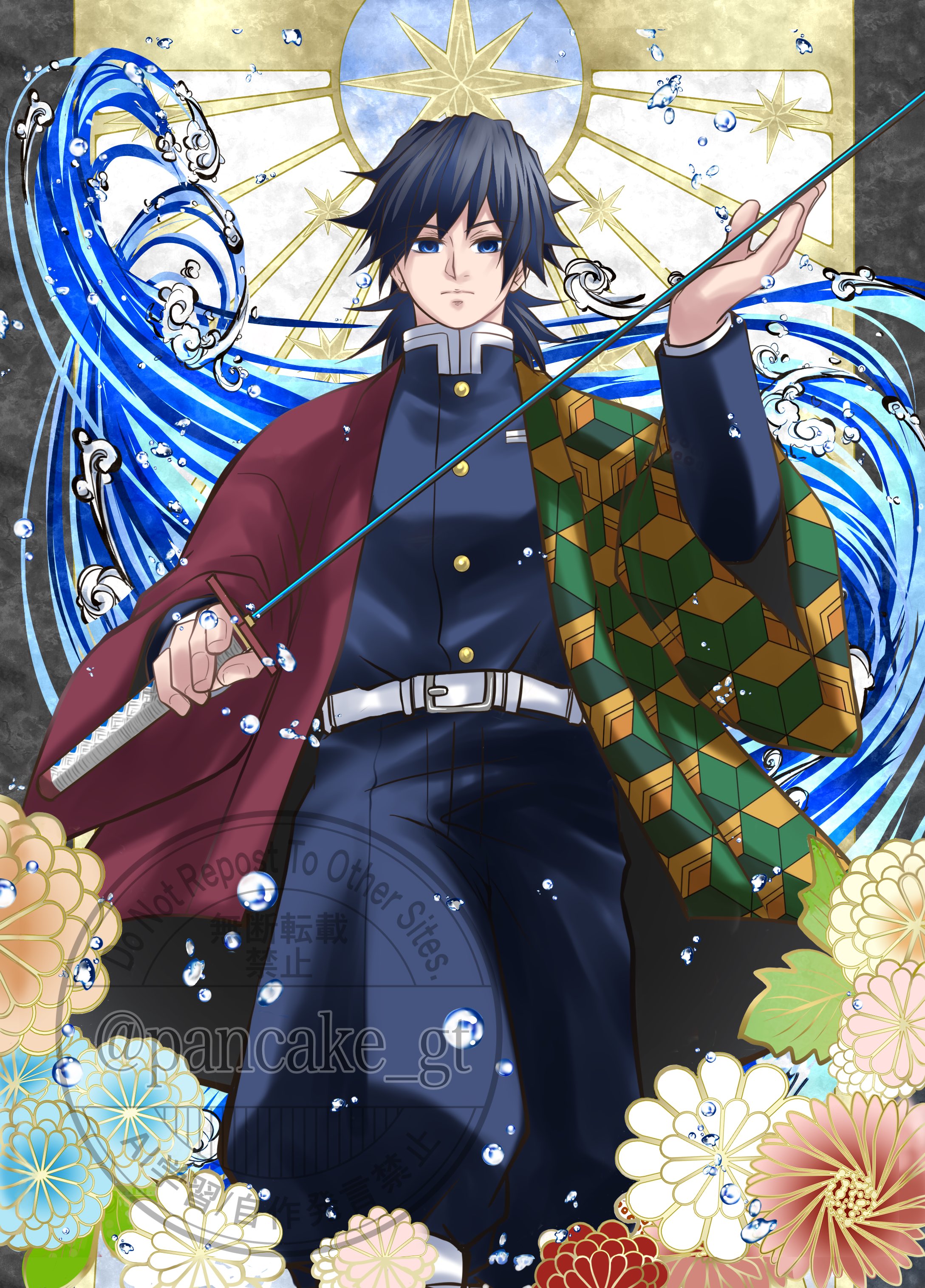 tomioka giyuu, kimetsu no yaiba, absurdres, highres, 1boy, belt, black hair, black jacket, black pants, blue eyes, buttons, closed mouth, demon slayer uniform, english text, flower, gold buttons, haori, holding, holding sword, holding weapon, jacket, japanese clothes, katana, kikkoumon, looking at viewer, low ponytail, male focus, pancake gt, pants, ponytail, print haori, red haori, solo, spiked hair, sword, water, watermark, weapon, white belt