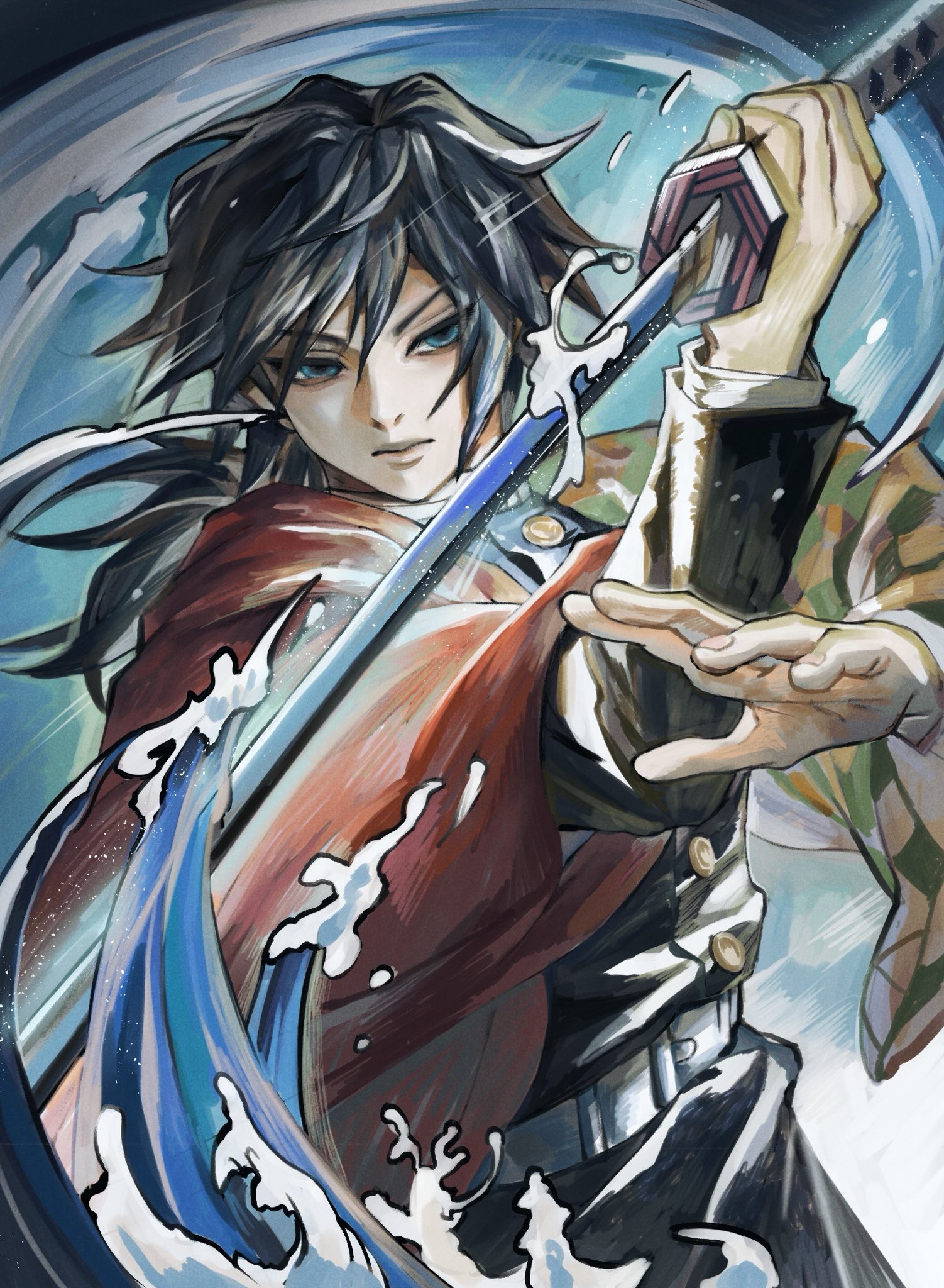 tomioka giyuu, kimetsu no yaiba, highres, 1boy, airashiiharu, black hair, black jacket, blue eyes, buttons, demon slayer uniform, gold buttons, haori, holding, holding sword, holding weapon, jacket, japanese clothes, katana, kikkoumon, low ponytail, male focus, ponytail, print haori, red haori, solo, spiked hair, sword, weapon
