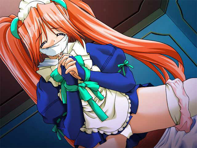 source request, third-party edit, 1girl, bdsm, bondage, bound, cloth gag, female focus, gag, gagged, improvised gag, indoors, kneeling, maid, orange hair, panties, ribbon, short twintails, solo, spread legs, thighhighs, twintails, underwear