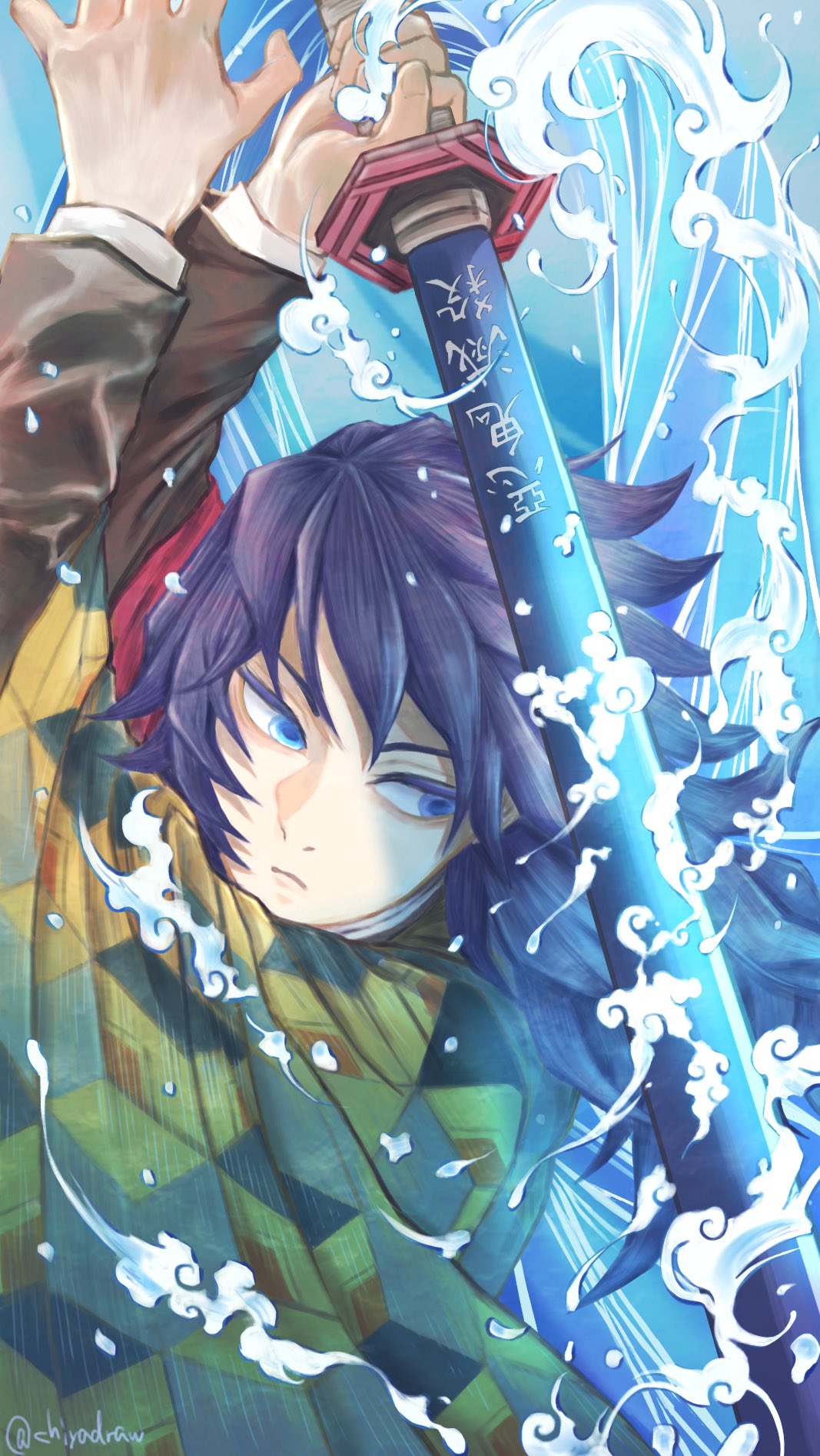 tomioka giyuu, kimetsu no yaiba, highres, 1boy, arms up, black hair, black jacket, blue eyes, buttons, chiyadraw, demon slayer uniform, gold buttons, haori, holding, holding sword, holding weapon, jacket, japanese clothes, katana, kikkoumon, low ponytail, male focus, ponytail, print haori, red haori, solo, spiked hair, sword, sword writing, upper body, water, weapon