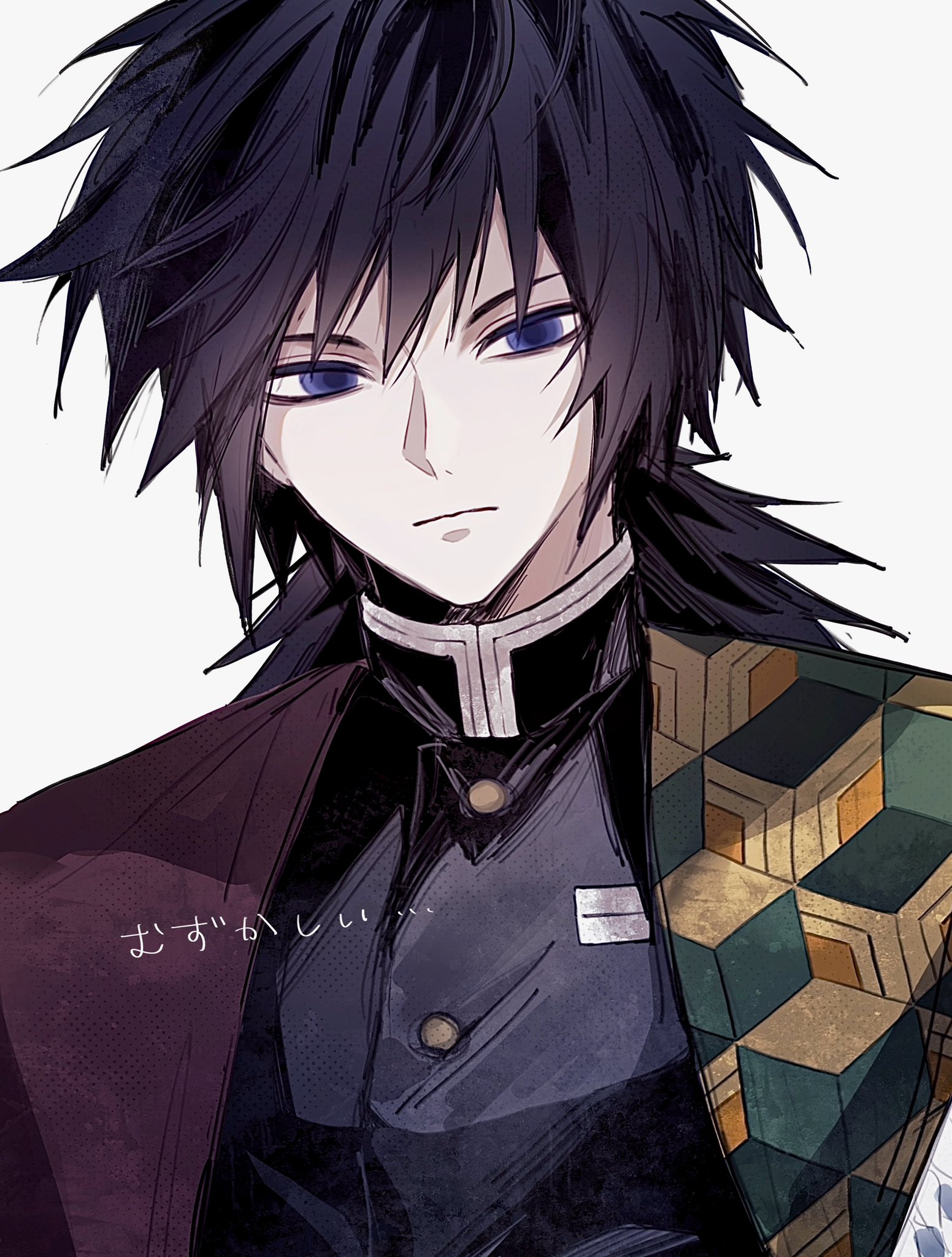tomioka giyuu, kimetsu no yaiba, highres, translation request, 1boy, black hair, black jacket, blue eyes, buttons, closed mouth, demon slayer uniform, gold buttons, haori, jacket, japanese clothes, kikkoumon, looking at viewer, low ponytail, male focus, n915o, ponytail, print haori, red haori, simple background, solo, spiked hair, upper body, white background