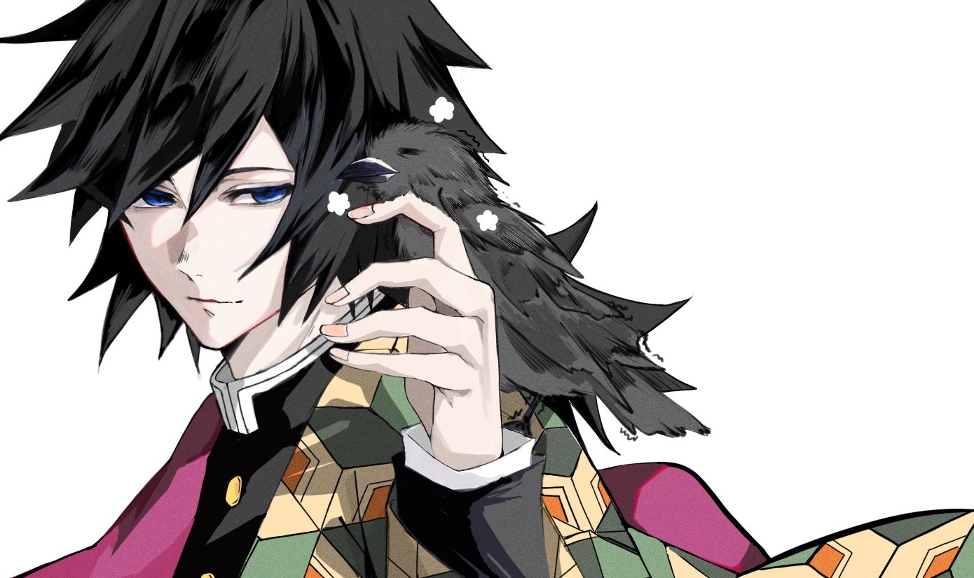 kanzaburou (kimetsu no yaiba), tomioka giyuu, kimetsu no yaiba, 1boy, animal, animal on shoulder, bird, bird on shoulder, black hair, black jacket, blue eyes, buttons, closed mouth, crow, demon slayer uniform, gold buttons, hand up, haori, jacket, japanese clothes, kikkoumon, low ponytail, male focus, ponytail, print haori, red haori, simple background, solo, spiked hair, su910noko, upper body, white background