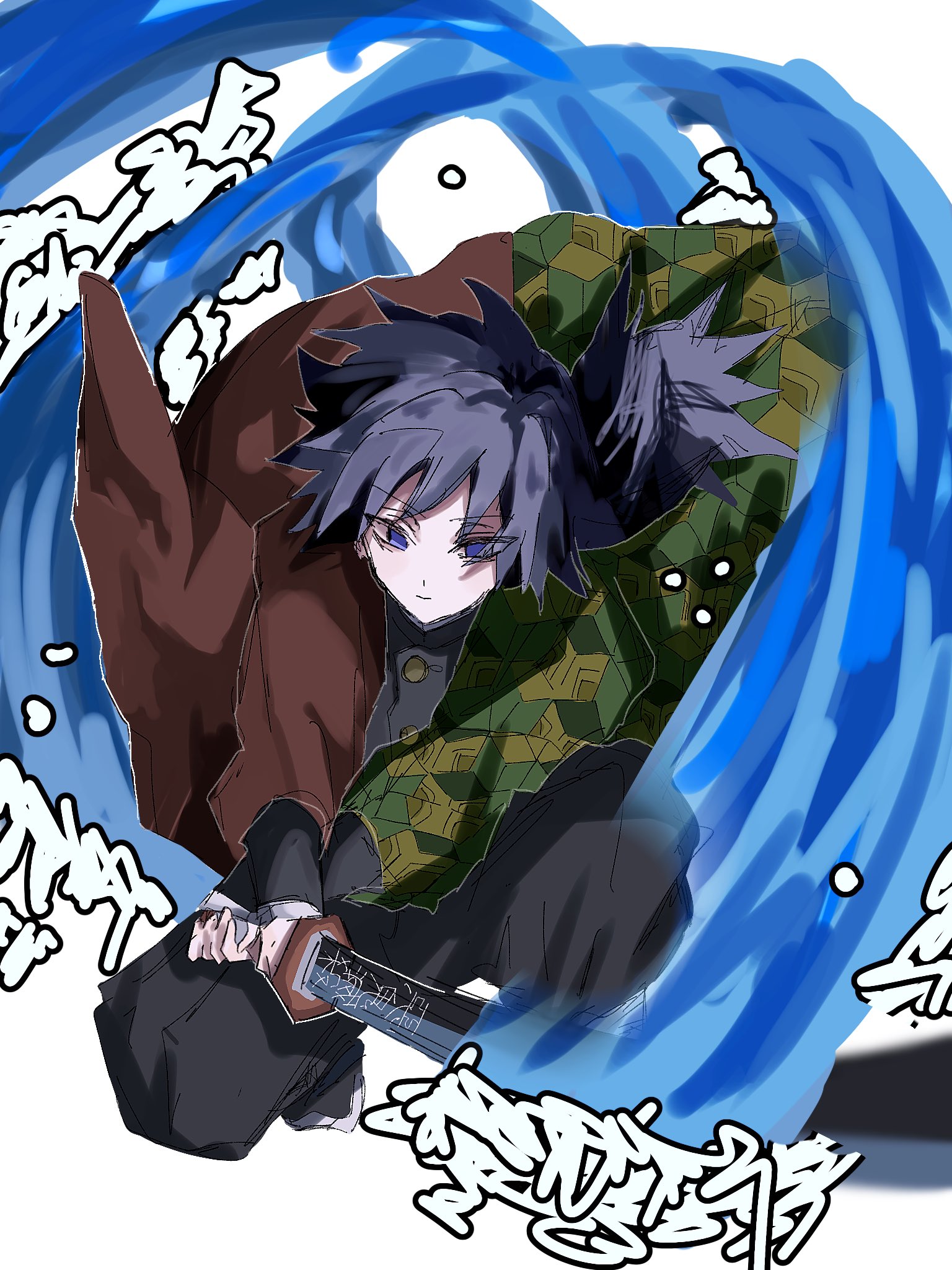 tomioka giyuu, kimetsu no yaiba, highres, 1boy, 6upqe, black hair, black jacket, black pants, blue eyes, buttons, demon slayer uniform, gold buttons, haori, holding, holding sword, holding weapon, jacket, japanese clothes, katana, kikkoumon, low ponytail, male focus, pants, ponytail, print haori, red haori, slashing, solo, spiked hair, sword, water, weapon