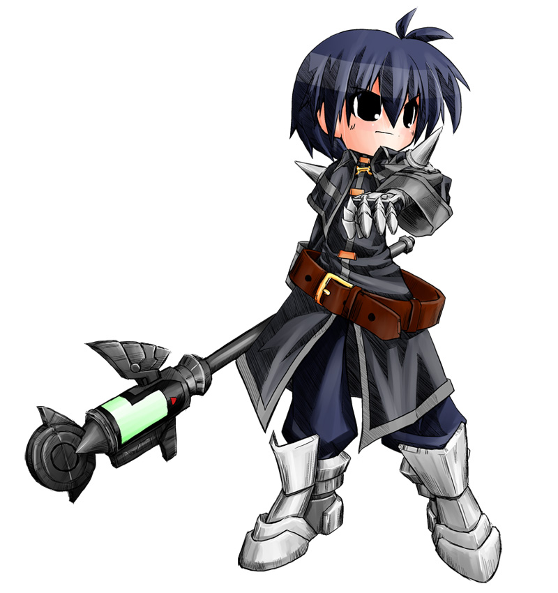 u-ka, chrono harlaown, s2u, lyrical nanoha, mahou shoujo lyrical nanoha, 00s, 1boy, antenna hair, armor, belt, black eyes, blue hair, boots, gauntlets, male focus, short hair, solo, staff