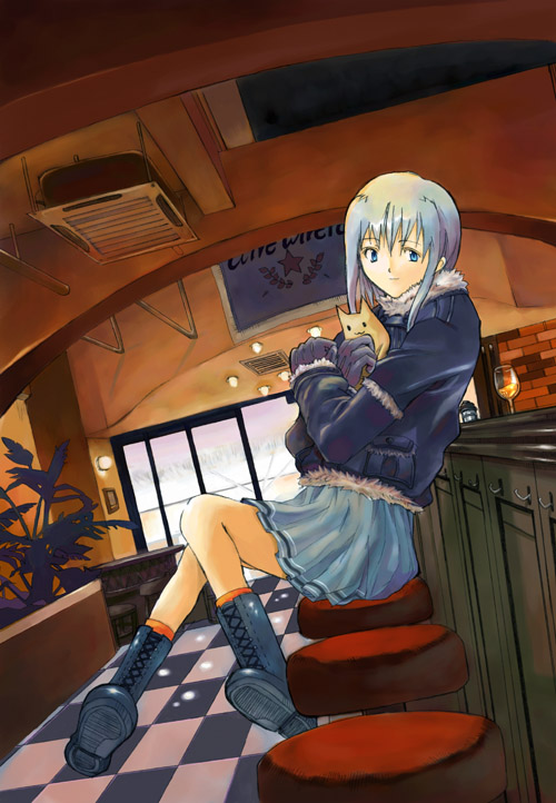 krsg (yuusen wireless), kura, 1girl, bar (place), blue eyes, blue hair, boots, cat, female focus, gloves, matching hair/eyes, school uniform, serafuku, solo, white hair