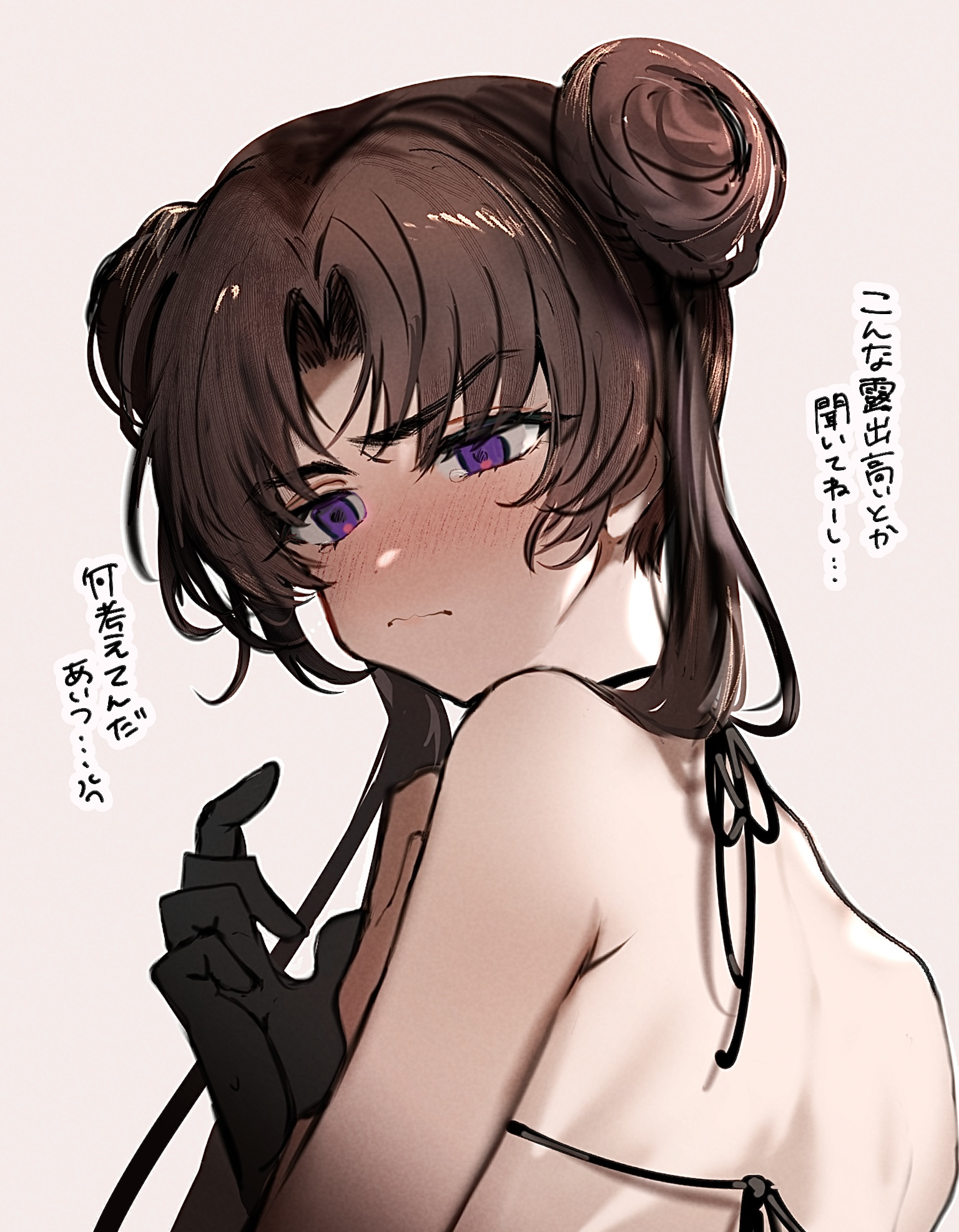 imamiya pinoko, original, highres, translated, 1boy, ayase ayato (imamiya pinoko), black hair, blush, brown hair, double bun, gloves, hair bun, purple eyes, simple background, thick eyebrows, trap