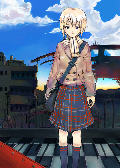 krsg (yuusen wireless), kura, 1girl, bag, blonde hair, blue eyes, city, cloud, day, female focus, kneehighs, scarf, school uniform, serafuku, shoulder bag, sky, socks, solo, sunset, urban