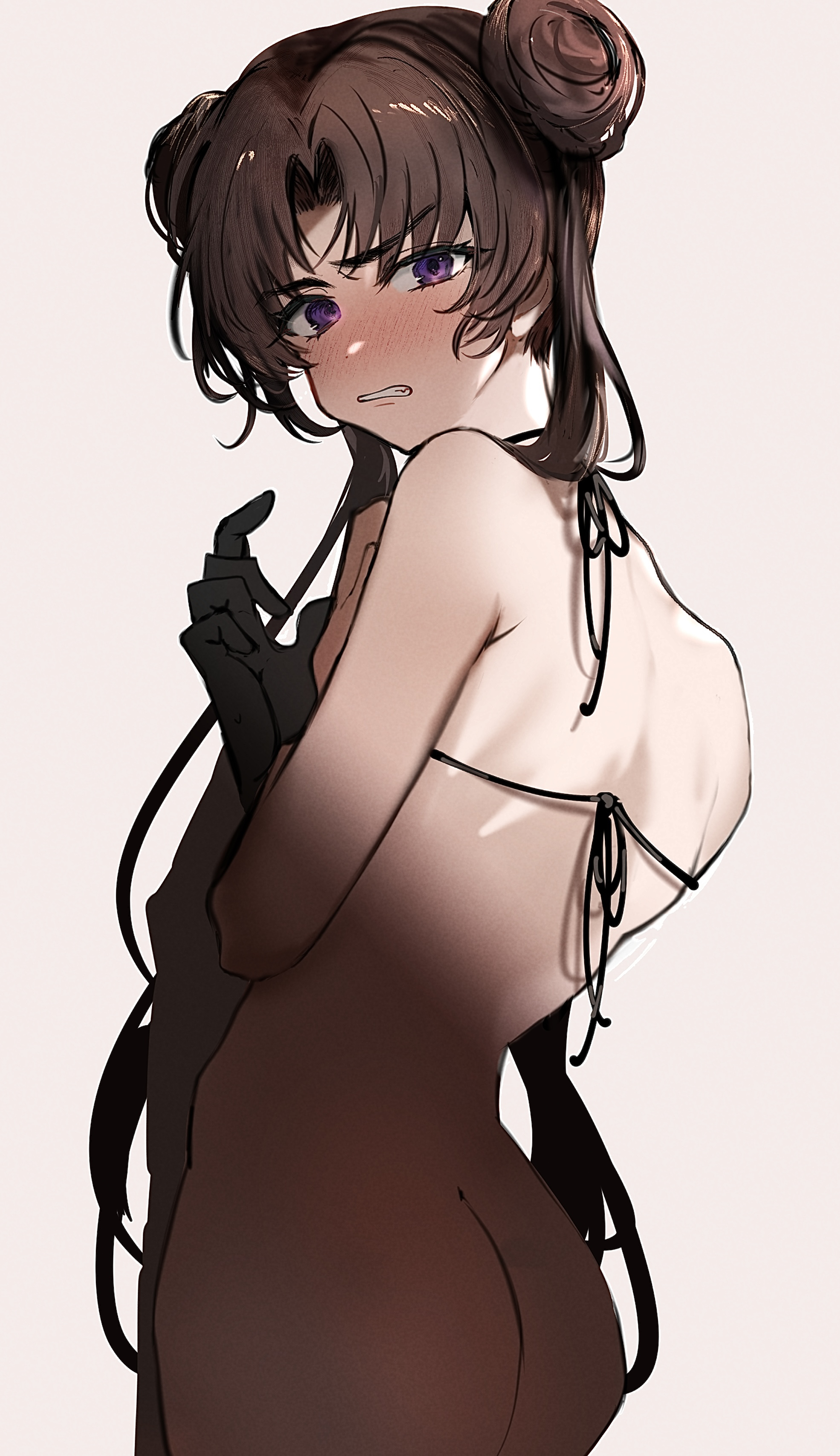 imamiya pinoko, original, absurdres, highres, 1boy, ass, ayase ayato (imamiya pinoko), back, black hair, blush, bottomless, brown hair, double bun, gloves, hair bun, purple eyes, simple background, thick eyebrows, trap