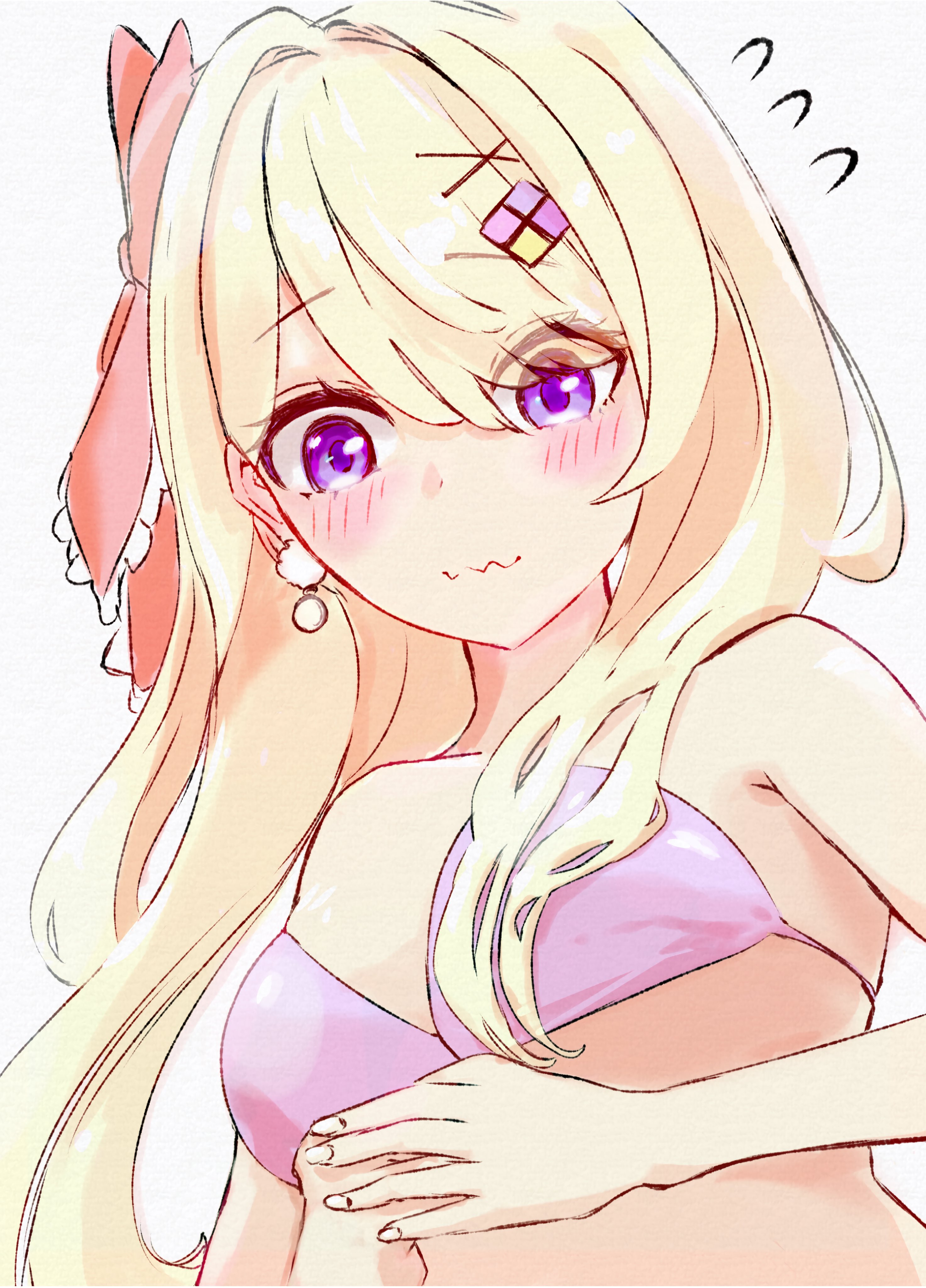 watagashi unou, indie virtual youtuber, absurdres, commentary, hashtag-only commentary, highres, 1girl, bare shoulders, bikini, blonde hair, blush, breasts, closed mouth, diamond hair ornament, earrings, fingernails, flying sweatdrops, hair intakes, hair ornament, hair over shoulder, hair ribbon, hairclip, hand on own stomach, jewelry, large breasts, long hair, navel, pink bikini, pink ribbon, pom pom (clothes), pom pom earrings, purple eyes, ribbon, shungiku (rewrite 14), shy, solo, stomach, swept bangs, swimsuit, virtual youtuber, wavy mouth, white background