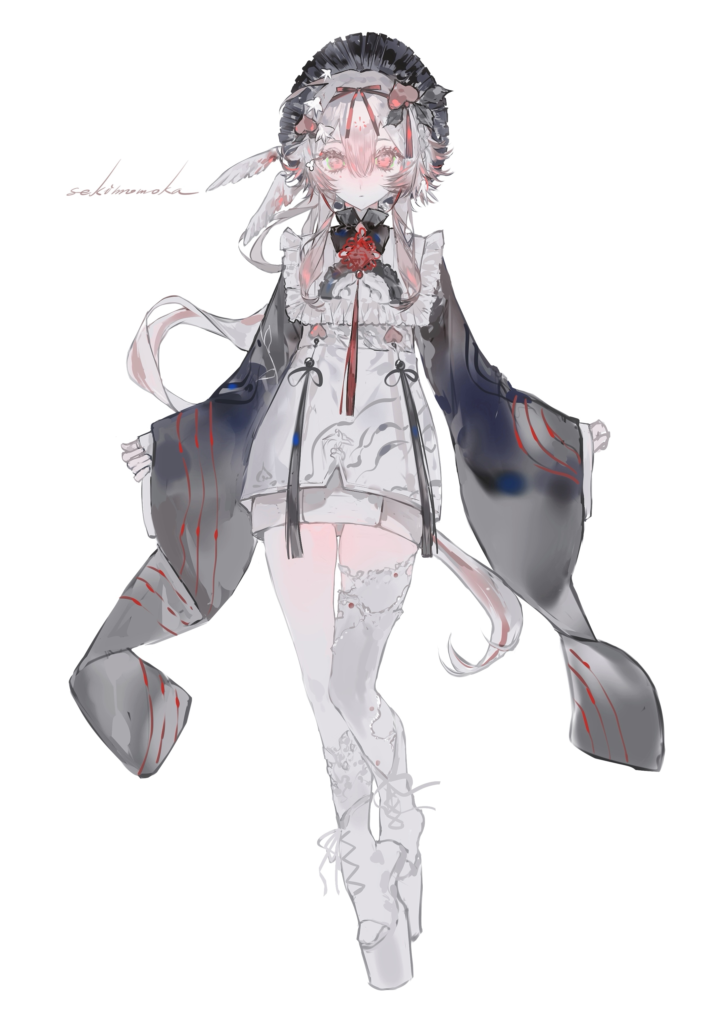 original, absurdres, highres, 1girl, black bonnet, bonnet, boots, dress, flower, frilled bonnet, frills, full body, hair between eyes, hair flower, hair ornament, head wings, heilanshuimuchu, high heels, long hair, long sleeves, low ponytail, multicolored hair, pink eyes, pink hair, platform shoes, ponytail, ribbon, simple background, solo, standing, tassel, thighhighs, very long hair, white background, white hair, white thighhighs, wide sleeves, wings
