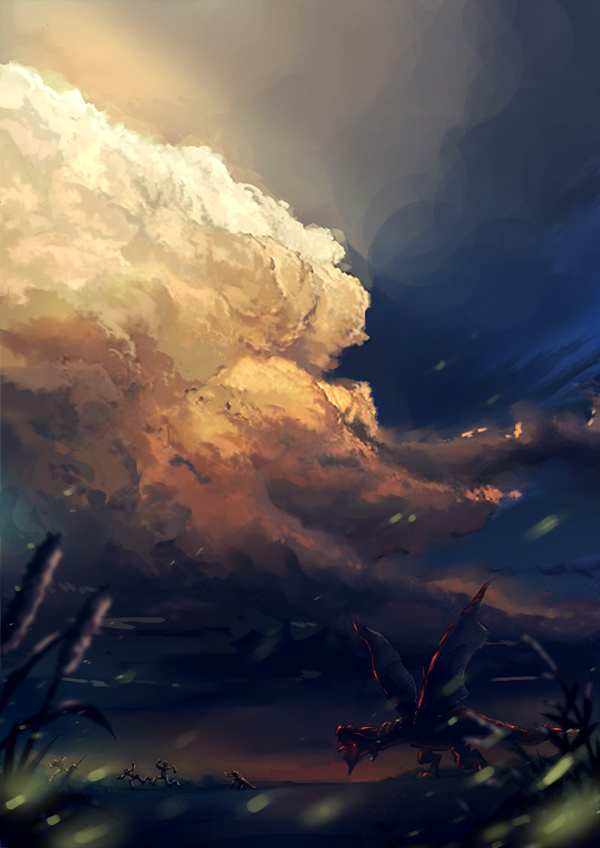 keiji asakawa, rathalos, capcom, monster hunter (series), 4boys, cattail, cloud, dragon, male focus, multiple boys, plant, reeds, running, sky, sunset, wyvern, you gonna get raped