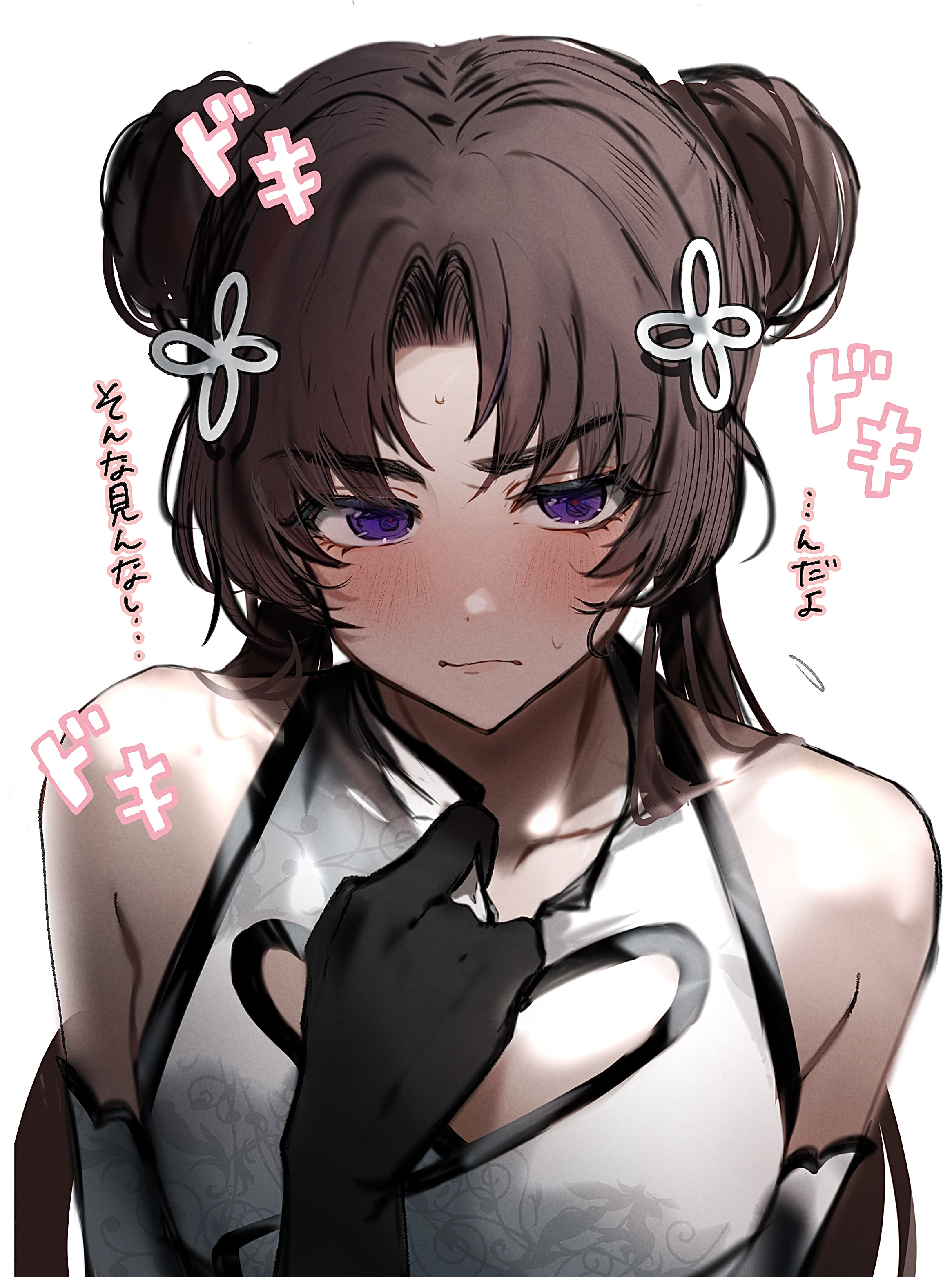 imamiya pinoko, original, absurdres, highres, translated, 1boy, ayase ayato (imamiya pinoko), black hair, blush, brown hair, chinese clothes, crossdressing, crossdressing (mtf), double bun, gloves, hair bun, maid, male maid, purple eyes, thick eyebrows, trap