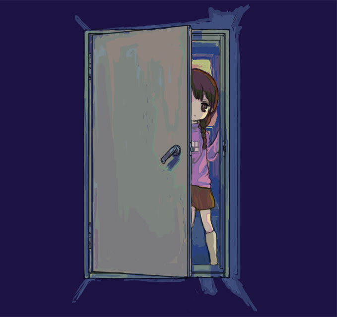 nyanpoko (nyanpoko), madotsuki, yume nikki, 1girl, braid, door, doorway, female focus, pink shirt, shirt, skirt, solo