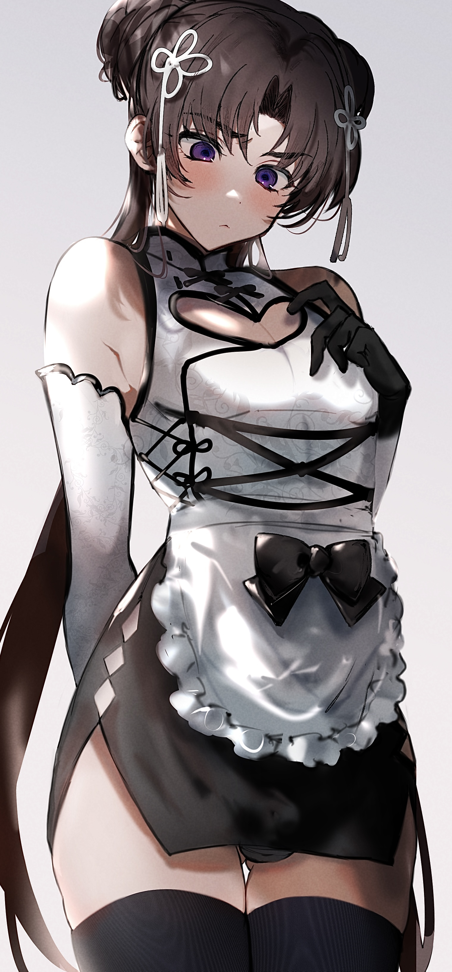 imamiya pinoko, original, absurdres, highres, 1boy, ayase ayato (imamiya pinoko), black hair, brown hair, bulge, chinese clothes, crossdressing, crossdressing (mtf), double bun, garter straps, gloves, hair bun, maid, male maid, purple eyes, simple background, solo, thick eyebrows, thighhighs, trap