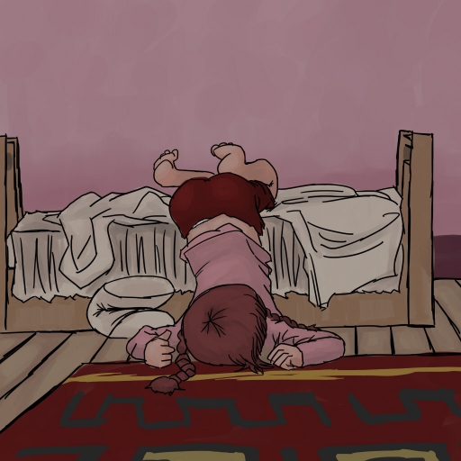 rockbouquet, madotsuki, yume nikki, 1girl, bed, braid, brown hair, faceplant, female focus, pink shirt, shirt, solo, twin braids