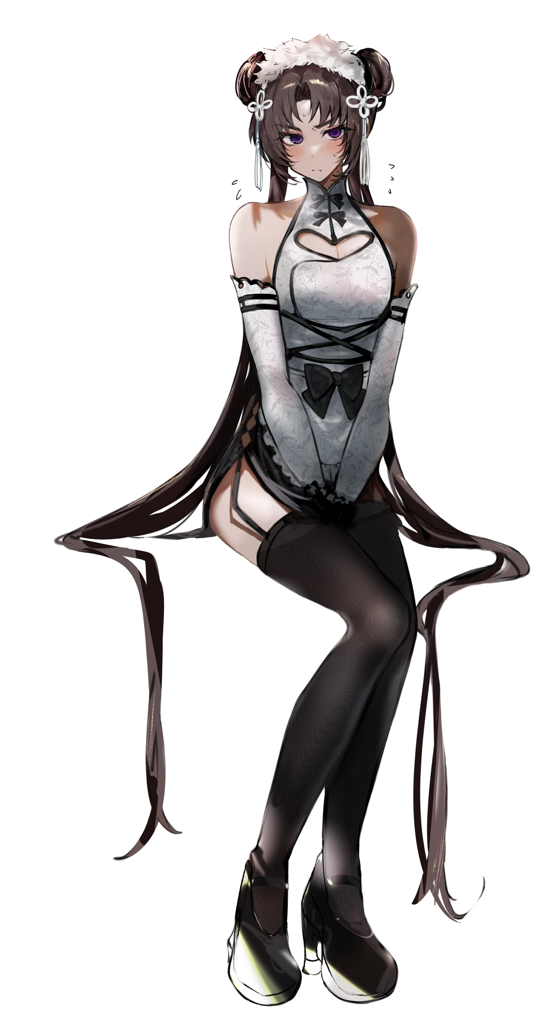 imamiya pinoko, original, absurdres, highres, 1boy, ayase ayato (imamiya pinoko), black hair, blush, brown hair, chinese clothes, crossdressing, crossdressing (mtf), double bun, flying sweatdrops, full body, garter straps, gloves, hair bun, high heels, long hair, maid, male maid, purple eyes, sitting, thick eyebrows, thighhighs, trap, twintails, very long hair