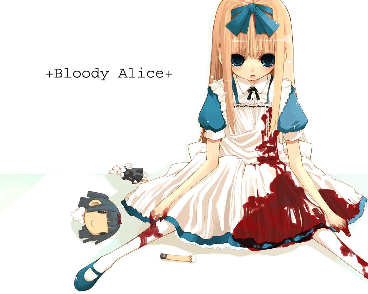 tukimiti, alice (alice in wonderland), alice's adventures in wonderland, original, 1girl, blood, bow, decapitation, doll, female focus, mary janes, pantyhose, severed head, shoes, solo, white pantyhose