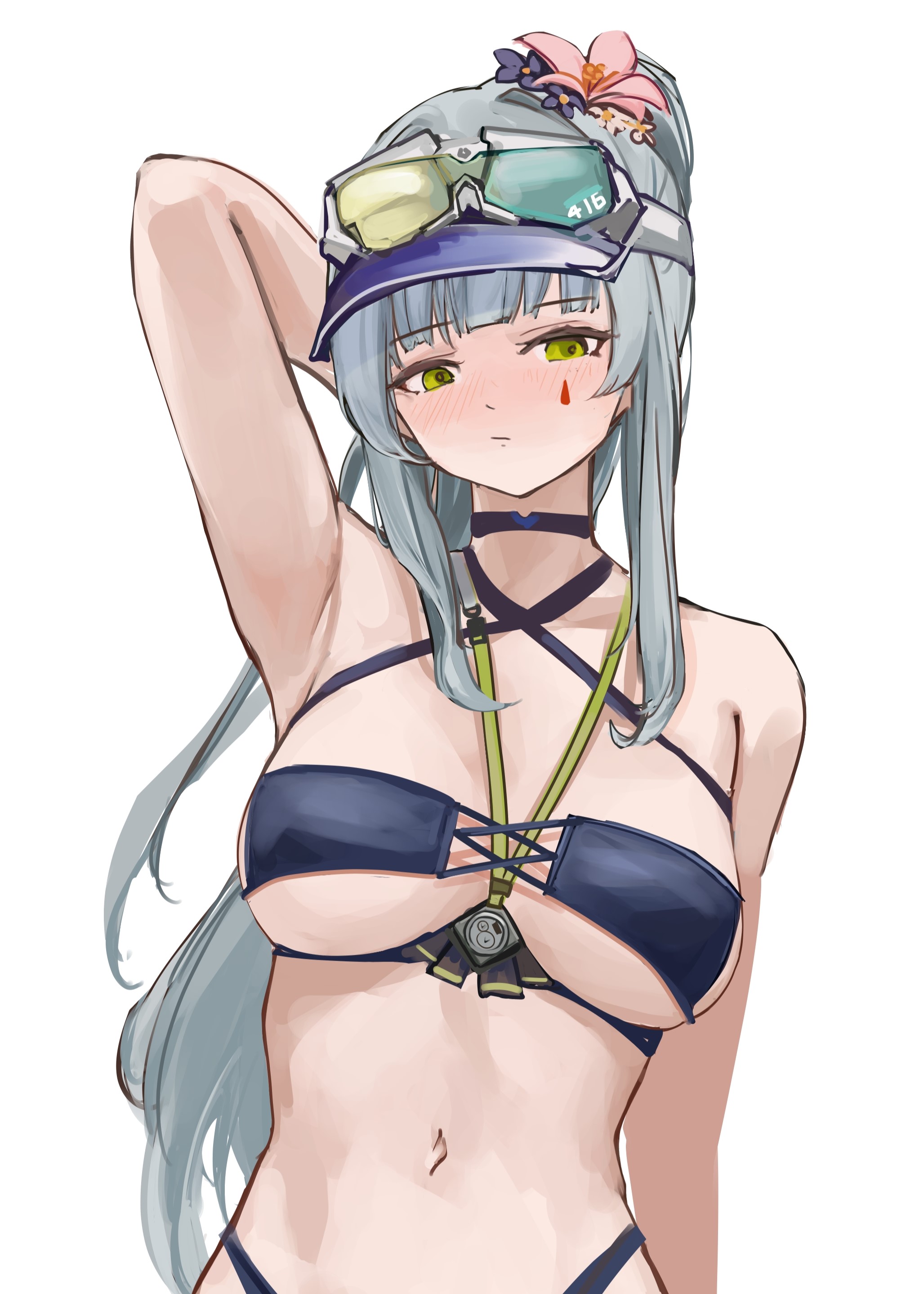lithographica, hk416 (girls' frontline), klukai (cerulean breaker) (girls' frontline 2), klukai (girls' frontline 2), girls' frontline, girls' frontline 2: exilium, absurdres, commentary request, highres, 1girl, arm behind head, armpits, bikini, black bikini, blue hair, breasts, countdown timer, eyewear on headwear, green eyes, hair between eyes, long hair, looking at viewer, navel, official alternate costume, ponytail, solo, stomach, sunglasses, swimsuit, upper body, visor cap