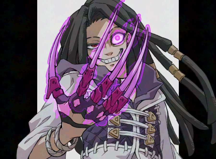 teo (teorekka), jabber wonger, gachiakuta, 1boy, aura, black gloves, bracelet, brown hair, claws, dreadlocks, gloves, grin, heterochromia, jacket, jewelry, long hair, purple hair, purple jacket, red eyes, smile, solo, upper body, wide-eyed
