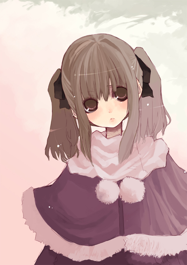 tukimiti, original, 1girl, brown eyes, brown hair, capelet, female focus, hair ribbon, head tilt, pom pom (cheerleading), ribbon, short hair, solo, twintails