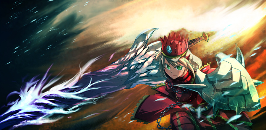 keiji asakawa, teostra (armor), capcom, monster hunter (series), 1girl, armor, blonde hair, chain, female focus, green eyes, shield, solo, sword, weapon