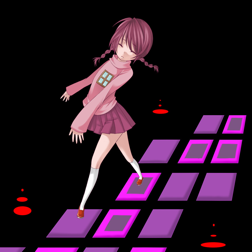 madotsuki, yume nikki, 1girl, blood, braid, female focus, pink shirt, purple skirt, raised eyebrows, red shoes, shirt, shoes, skirt, solo, twin braids