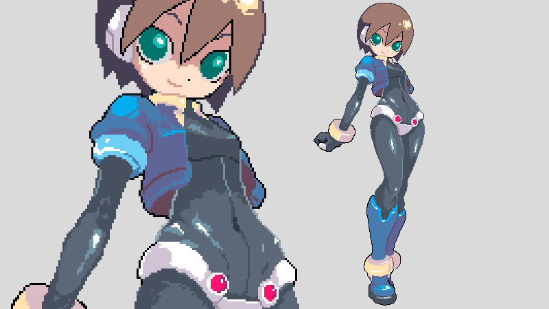 sanada taketo, aile (mega man zx), capcom, mega man (series), mega man zx, 1girl, black bodysuit, bodysuit, boots, brown hair, cropped jacket, female focus, green eyes, open clothes, open shirt, pixel art, shiny clothes, shirt, short hair, skin tight, solo, spandex, zoom layer