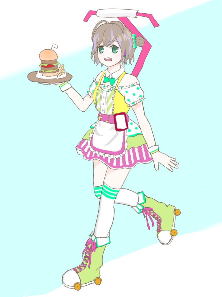 station memories, 1girl, brown hair, kikonai saika, skirt, striped clothes, striped skirt, waitress, waitress uniform