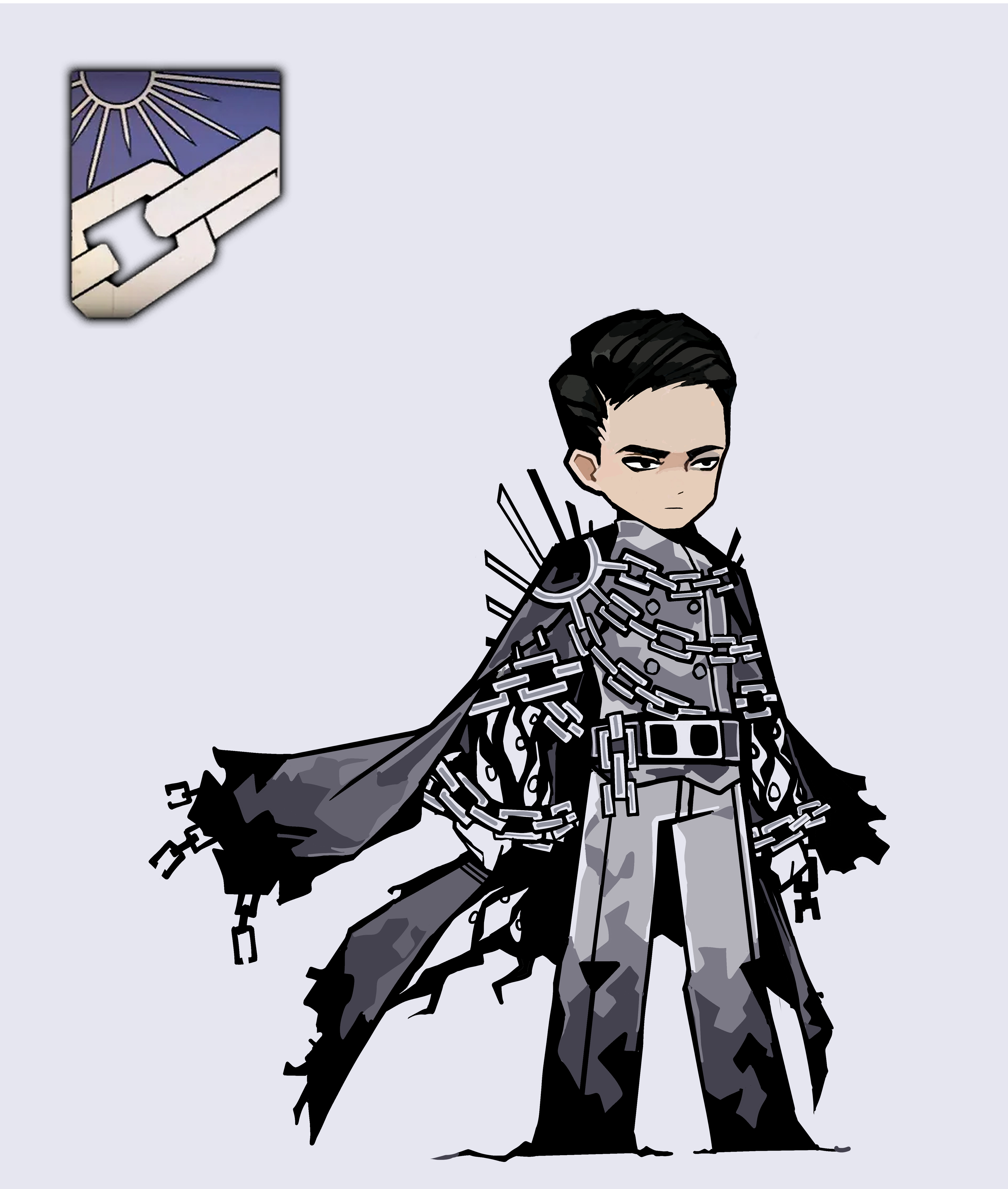teko1193, meursault (project moon), limbus company, project moon, absurdres, highres, black eyes, black hair, cape, chain, chained wrists, e.g.o (project moon), grey cape, grey pants, grey shirt, logo, metal belt, pants, shirt, sun, torn cape, torn clothes, white background
