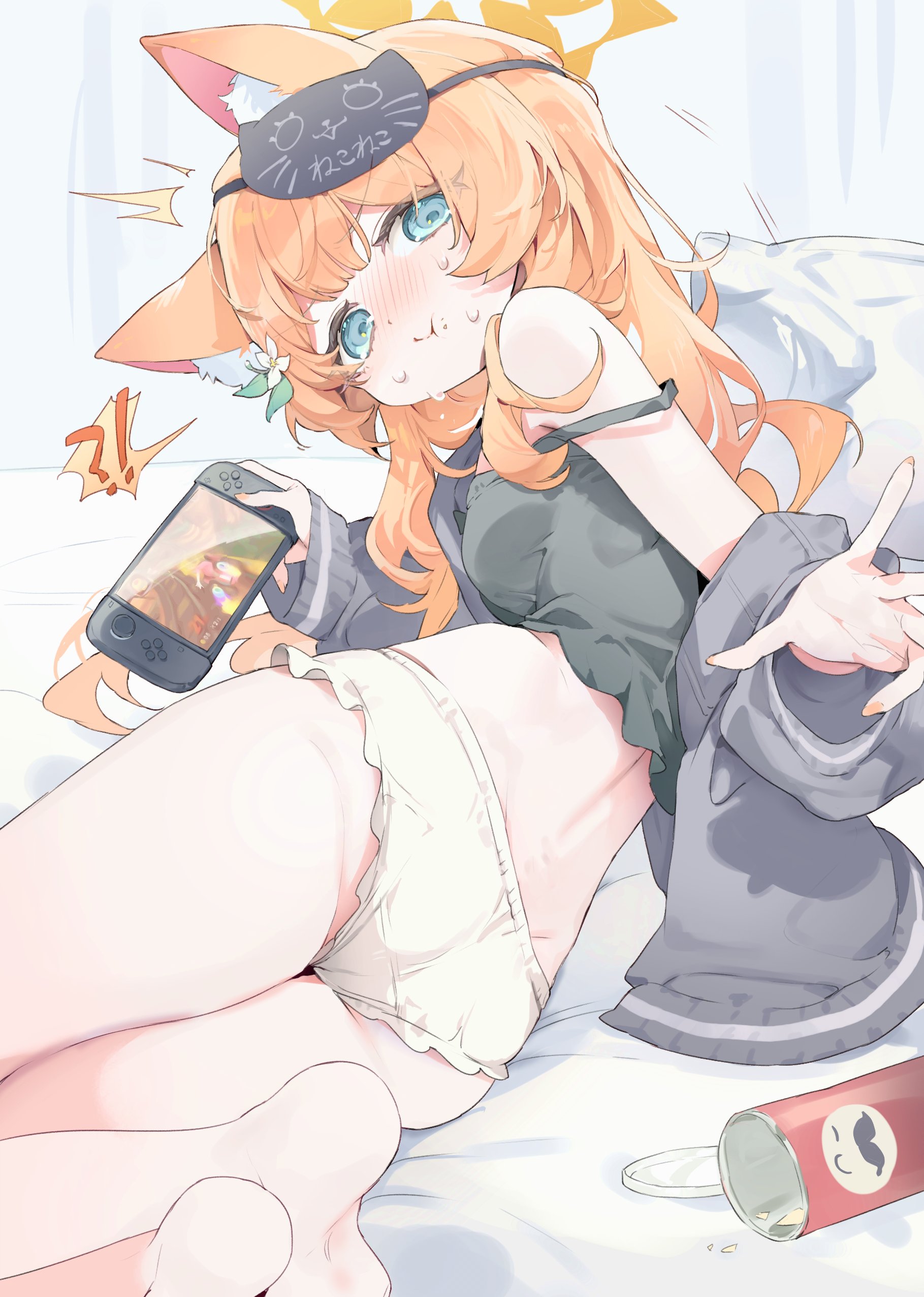 meunhongcha, mari (blue archive), blue archive, mario (series), mario kart, nintendo, pringles, absurdres, commentary, highres, !?, 1girl, alternate costume, animal ear fluff, animal ears, ass, back, bare legs, bed sheet, blue eyes, blush, breasts, cat ears, cat girl, chips (food), crumbs, eating, eyelashes, feet out of frame, fingernails, flower, food, food on face, from behind, green tank top, grey jacket, hair flower, hair ornament, halo, handheld game console, holding, holding handheld game console, indoors, jacket, long hair, long sleeves, looking at viewer, looking back, lying, mask, mask on head, nintendo switch, on side, open clothes, open jacket, orange hair, orange nails, panties, pillow, playing games, pringles can, reaching, single off shoulder, sleep mask, small breasts, snack, solo, strap slip, tank top, underwear, video game, white panties, yellow halo