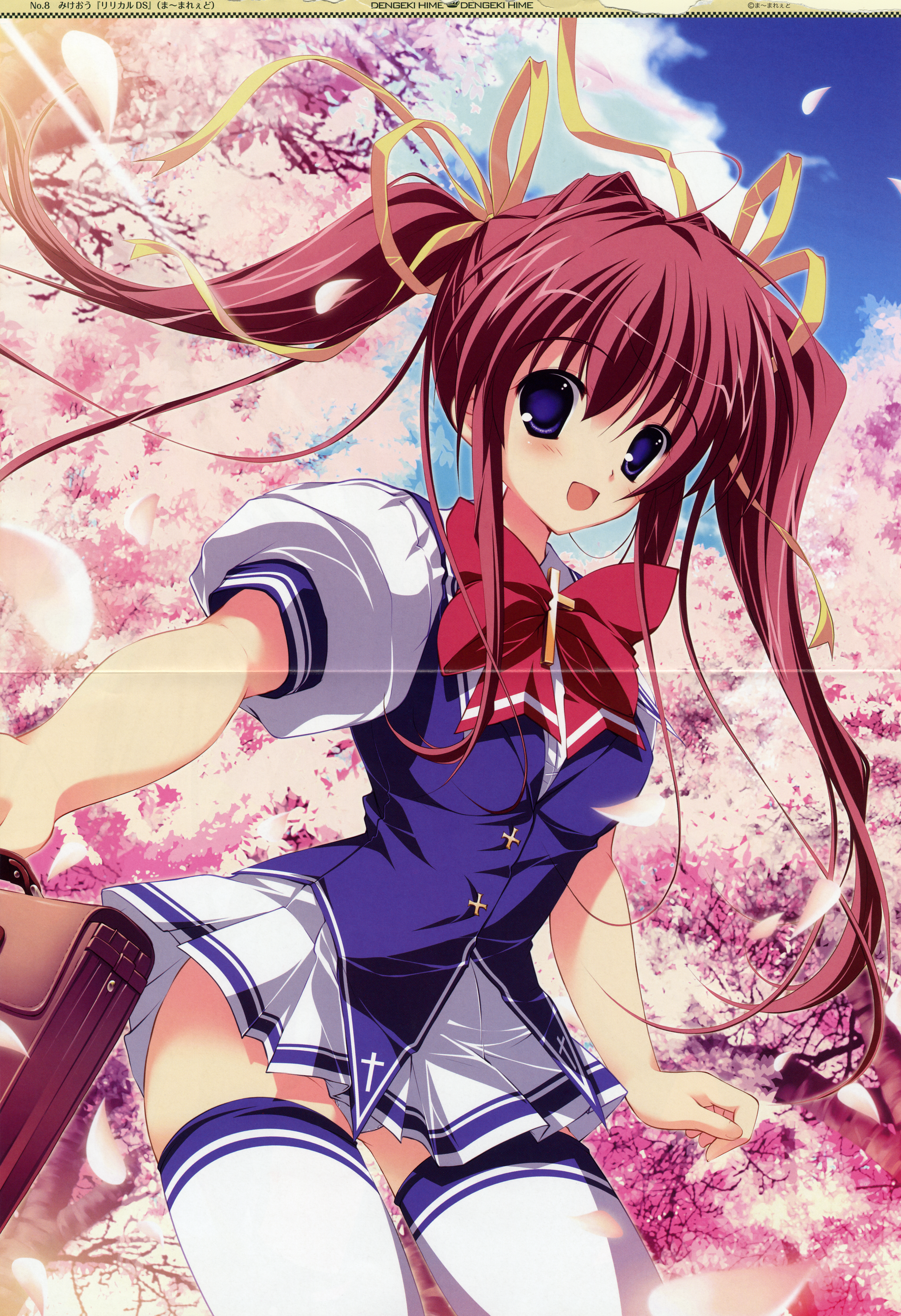 mikeou, asakura nanao, lyrical ds, lyrical lyric, absurdres, highres, huge filesize, 1girl, blue eyes, briefcase, cowboy shot, day, female focus, outdoors, red hair, school briefcase, school uniform, serafuku, sky, solo, thighhighs, twintails